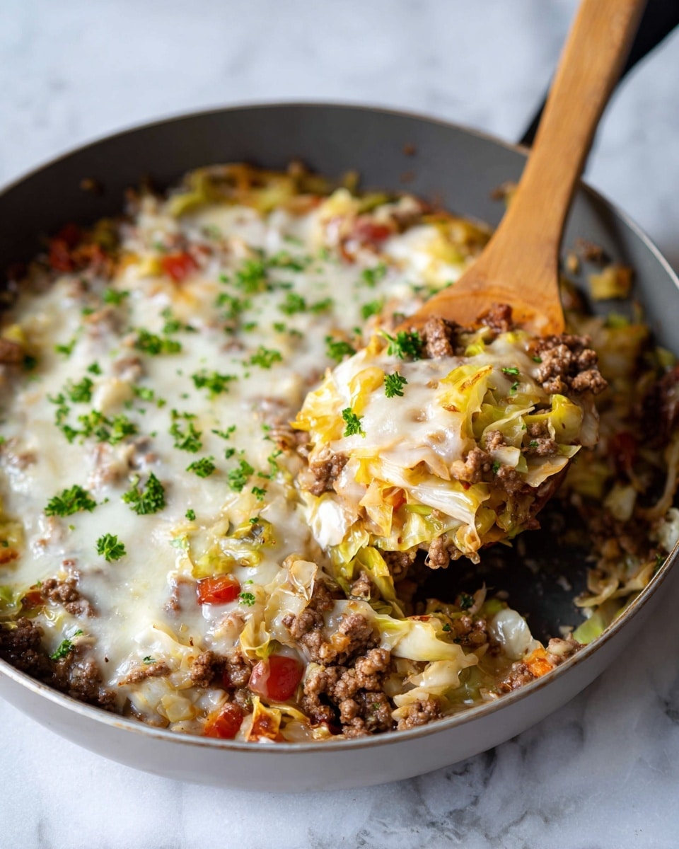 A gray frying pan holds a cooked dish with 3 main layers: the bottom layer has browned ground meat with small pieces of red tomato and cooked green cabbage, the middle layer is melted white and yellow cheese spread unevenly, and the top layer has small green parsley pieces sprinkled all over. A wooden spoon is lifting a portion, showing a mix of the cabbage, meat, and cheese. The pan rests on a surface with a white marbled texture. photo taken with an iphone --ar 4:5 --v 7