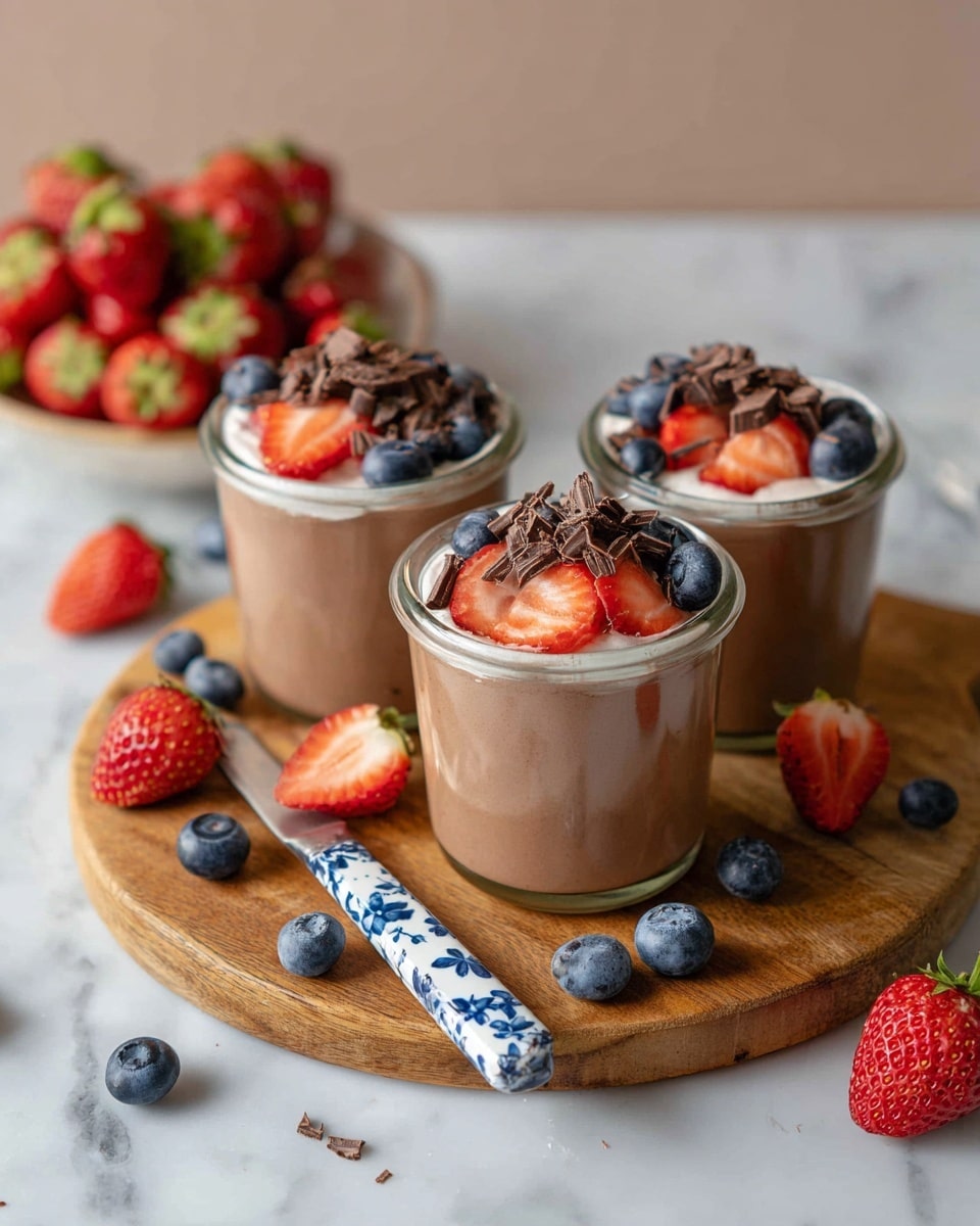 The image shows three glass jars filled with a smooth light brown chocolate mousse, each topped with a small layer of white cream. On top of the cream, fresh red sliced strawberries and whole dark blue blueberries are scattered. There are thin shavings of dark chocolate sprinkled over the fruit toppings. The jars are placed on a round wooden board, with some loose blueberries and halved strawberries resting nearby on a white marbled surface. A knife with a blue and white floral handle lies next to the fruits, adding a simple kitchen touch. In the background, a plate holds more whole strawberries, slightly blurred. photo taken with an iphone --ar 4:5 --v 7
