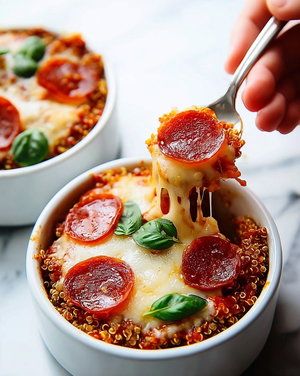 Two white bowls filled with a layered dish set on a white marbled surface, each bowl containing a base layer of red sauce mixed with quinoa that has a grainy texture, topped with melted, golden browned cheese spread evenly, and several glossy, dark red pepperoni slices placed on top. Fresh green basil leaves are scattered over the cheese. A spoon held by a woman's hand lifts a portion from the front bowl, showing stretchy, melted cheese pulling up with a pepperoni slice on top. Photo taken with an iphone --ar 4:5 --v 7