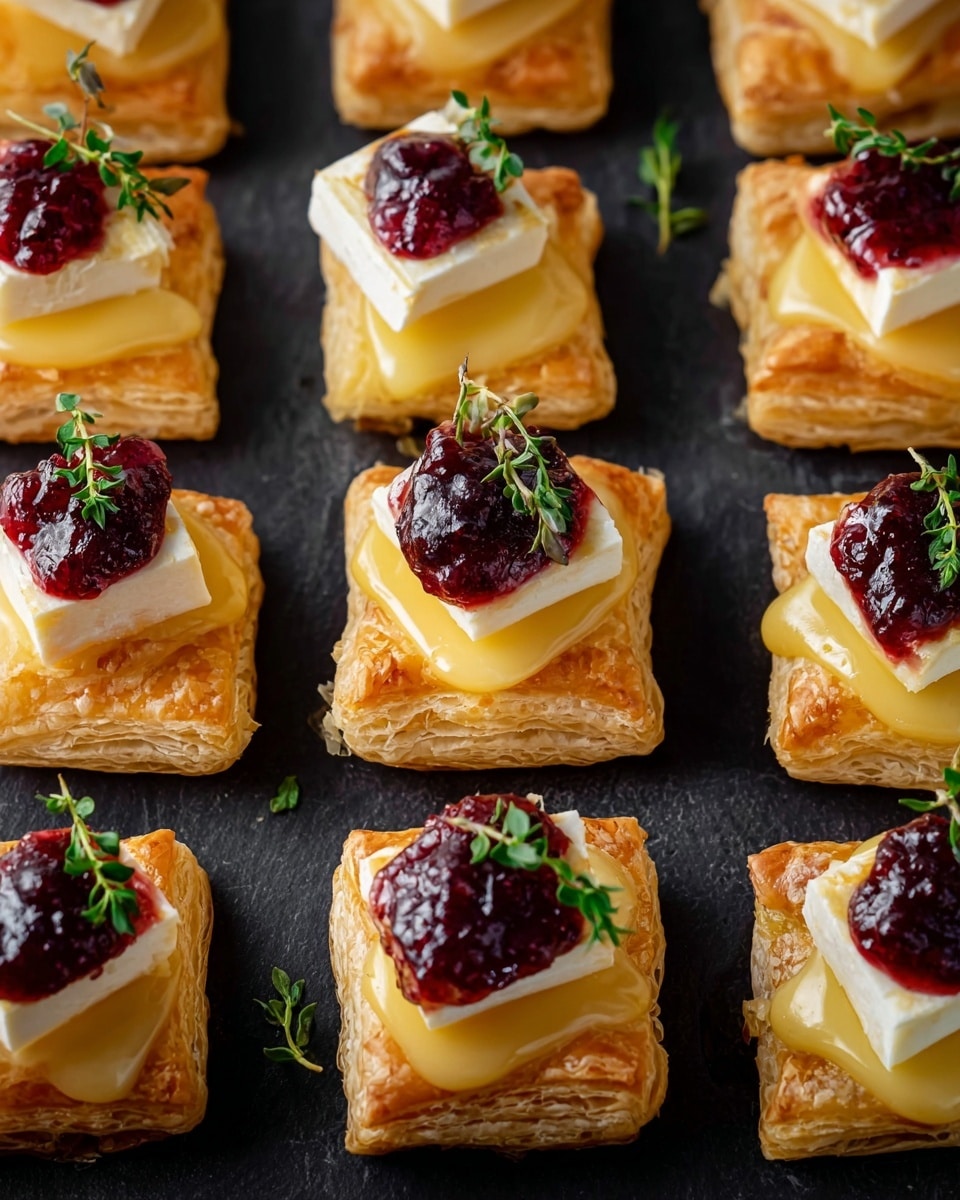 The image shows square puff pastry bites arranged evenly on a dark surface replaced with a white marbled texture. Each puff pastry has three layers of golden brown, flaky crust visible on the sides. On top of each puff pastry, there is a layer of melted creamy yellow cheese that gently drapes over the edges, topped with a small wedge of soft white cheese. On top of the white cheese is a dollop of deep red berry jam with a shiny texture, and a small sprig of fresh green herb rests delicately on top as garnish. The overall look is neat, colorful, and inviting. photo taken with an iphone --ar 4:5 --v 7