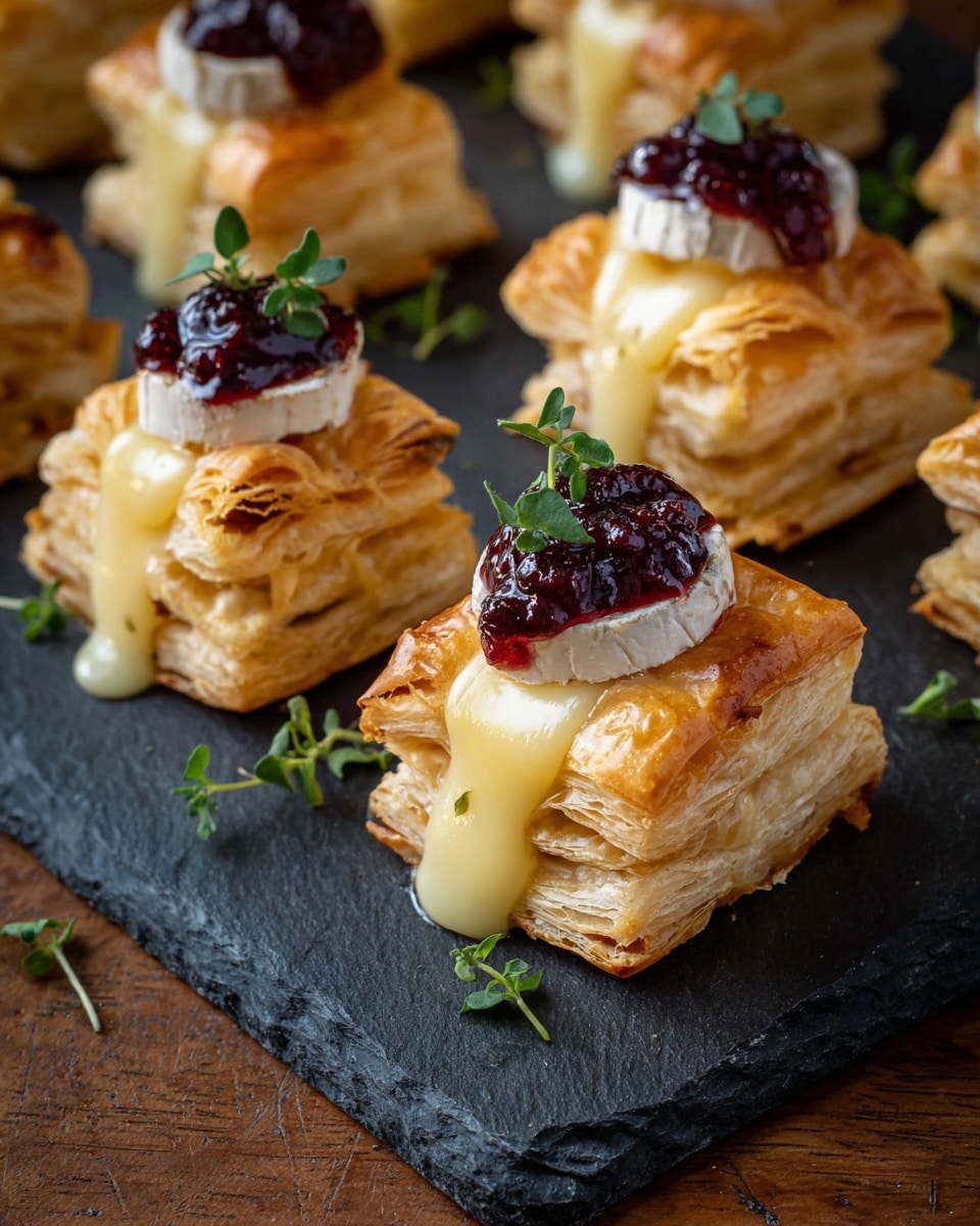 The image shows several small square pastries made of golden-brown, flaky puff pastry stacked in three layers, each square topped with a slice of creamy, light yellow melted cheese that drips slightly down the sides. On top of the cheese, there is a small piece of white-rinded brie cheese and a dollop of dark red berry jam, finished with a tiny sprig of fresh green herb. The pastries are arranged closely together on a dark slate board that rests on a wooden surface, with scattered small green herb leaves around them. The photo taken with an iphone --ar 4:5 --v 7