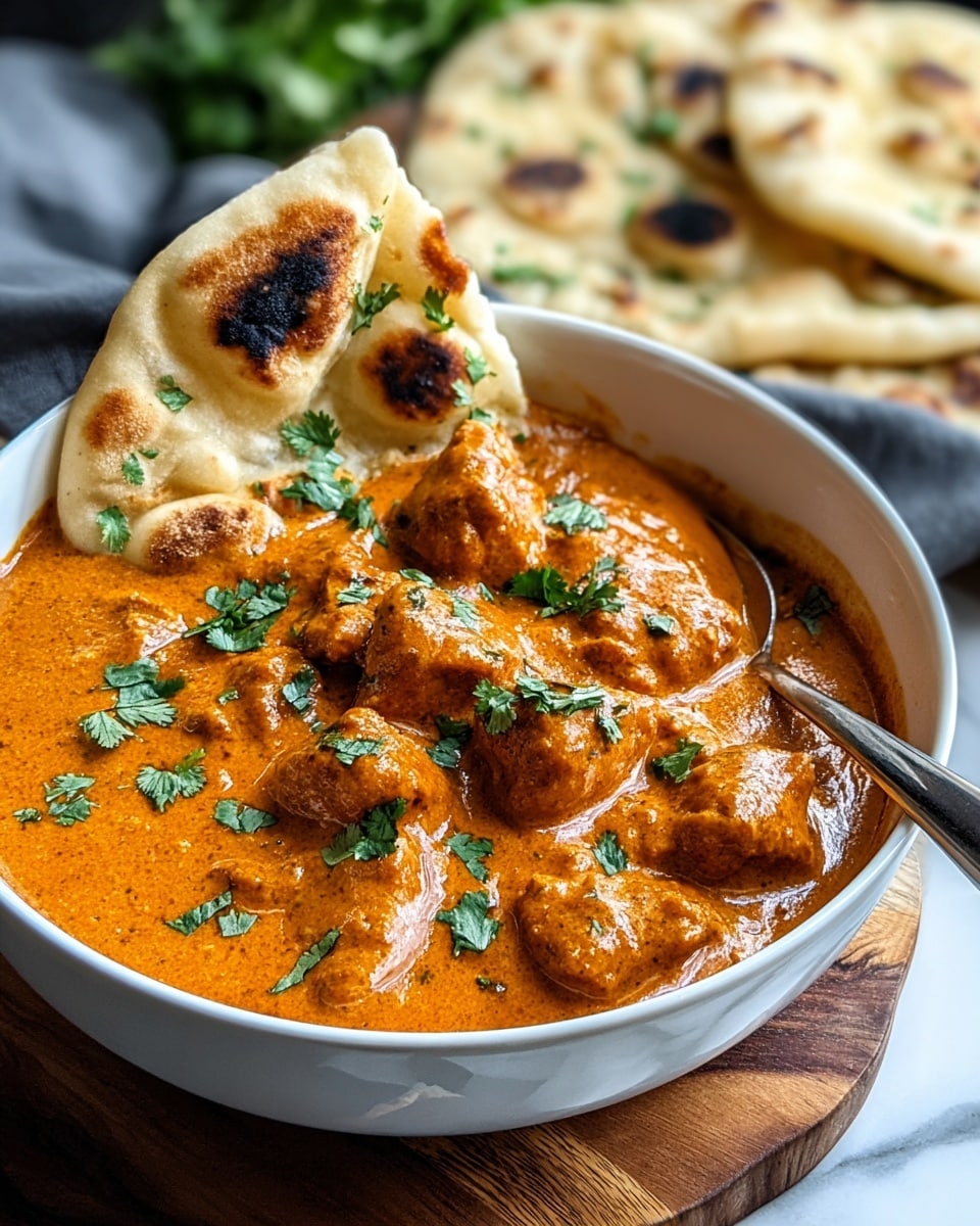 A close-up image of creamy orange butter chicken served in a white bowl, with chunks of tender chicken coated in rich, smooth sauce, garnished with fresh green cilantro leaves scattered on top. Partially dipped into the sauce is a piece of soft, slightly charred naan bread with golden-brown spots. A metal spoon rests inside the bowl, and the meal is placed on a wooden board over a white marbled surface. In the background, more naan bread and fresh green herbs can be seen softly out of focus. Photo taken with an iphone --ar 4:5 --v 7