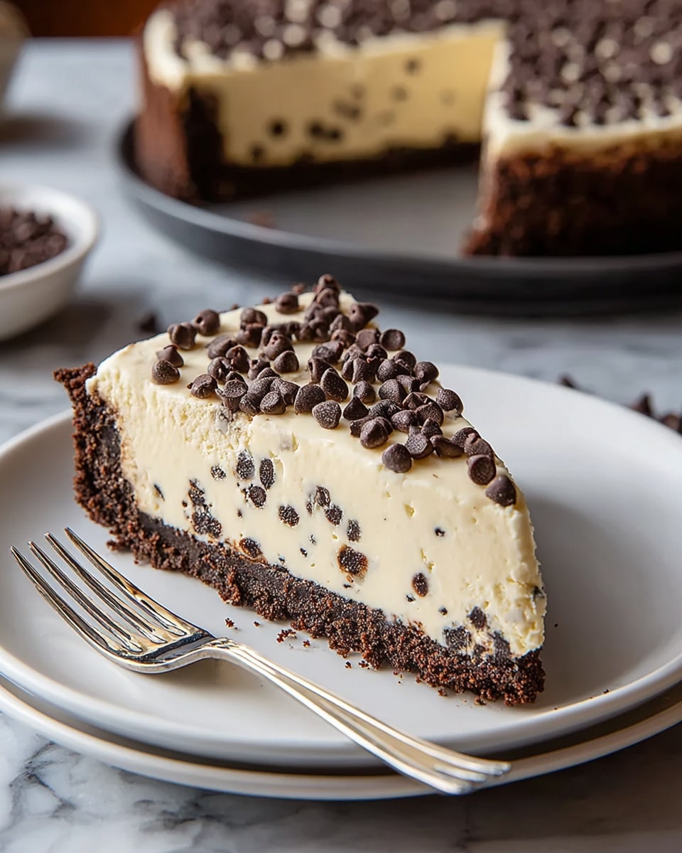 The image shows a slice of a three-layered dessert on a white plate with a shiny silver fork beside it. The bottom layer is a thick, dark brown crumbly crust. The middle layer is a tall, creamy off-white filling with small specks of dark chocolate mixed throughout. The top layer is smooth cream, covered with scattered small dark chocolate chips. In the background, the rest of the dessert sits on a dark plate, slightly out of focus, all placed on a white marbled surface. Photo taken with an iphone --ar 4:5 --v 7