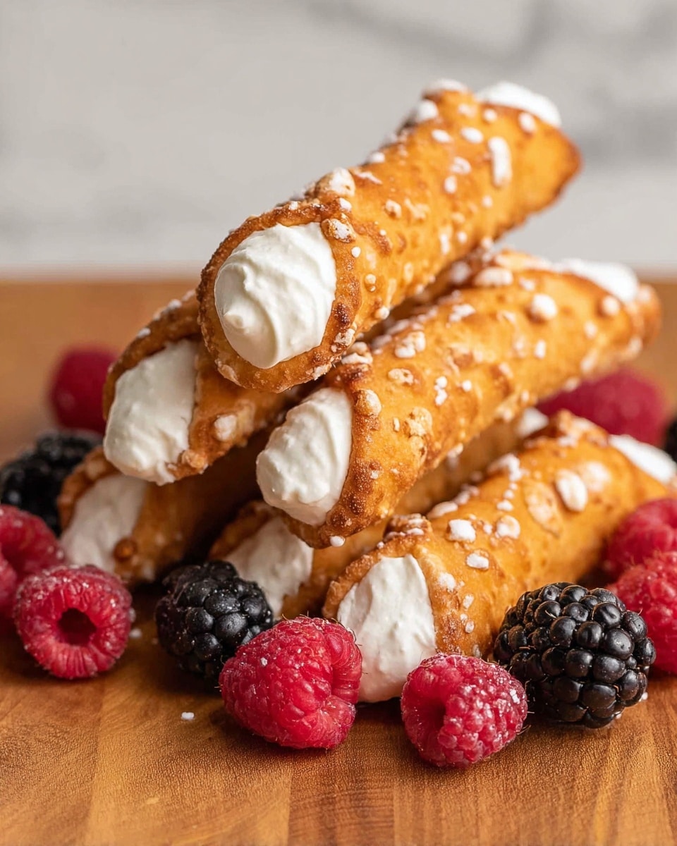 The image shows several crispy golden-brown cannoli tubes filled with creamy white ricotta filling on their ends, stacked in a small pile. The cannoli shells have a crunchy texture with white sugar bits sprinkled on them. Surrounding the cannoli are fresh red raspberries and deep black blackberries, placed on a wooden surface with a warm tone. The overall scene is close-up, highlighting the texture contrast between the crunchy shells, smooth filling, and soft berries. The background is softly blurred with a white marbled texture. photo taken with an iphone --ar 4:5 --v 7