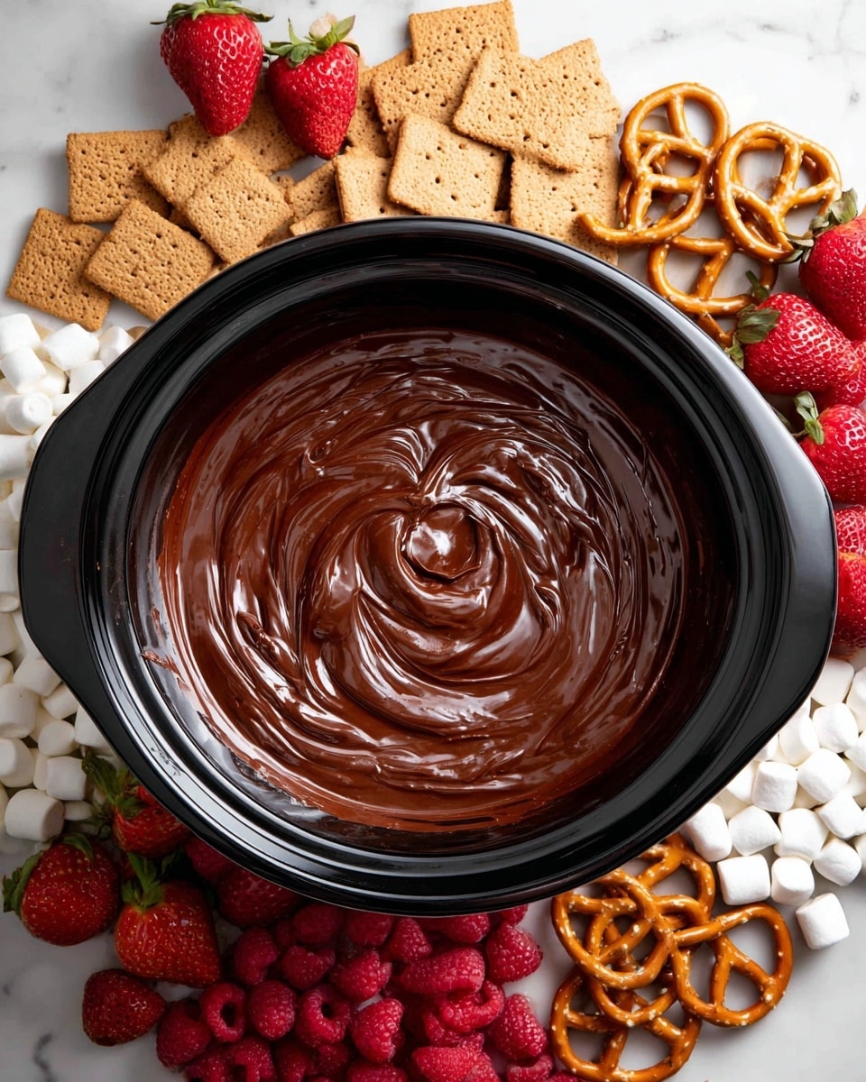 A close-up of a black slow cooker filled with glossy, smooth melted chocolate forming swirled patterns on top. Around the slow cooker, there is a white marbled surface holding a variety of snacks arranged in clusters: golden-brown graham crackers on the bottom left, white marshmallows scattered in the bottom right and middle right, bright red raspberries near the center, light brown pretzels at the top center, and fresh red strawberries on the top right. The textures are varied, from the creamy chocolate to the crunchy pretzels and soft marshmallows. photo taken with an iphone --ar 4:5 --v 7