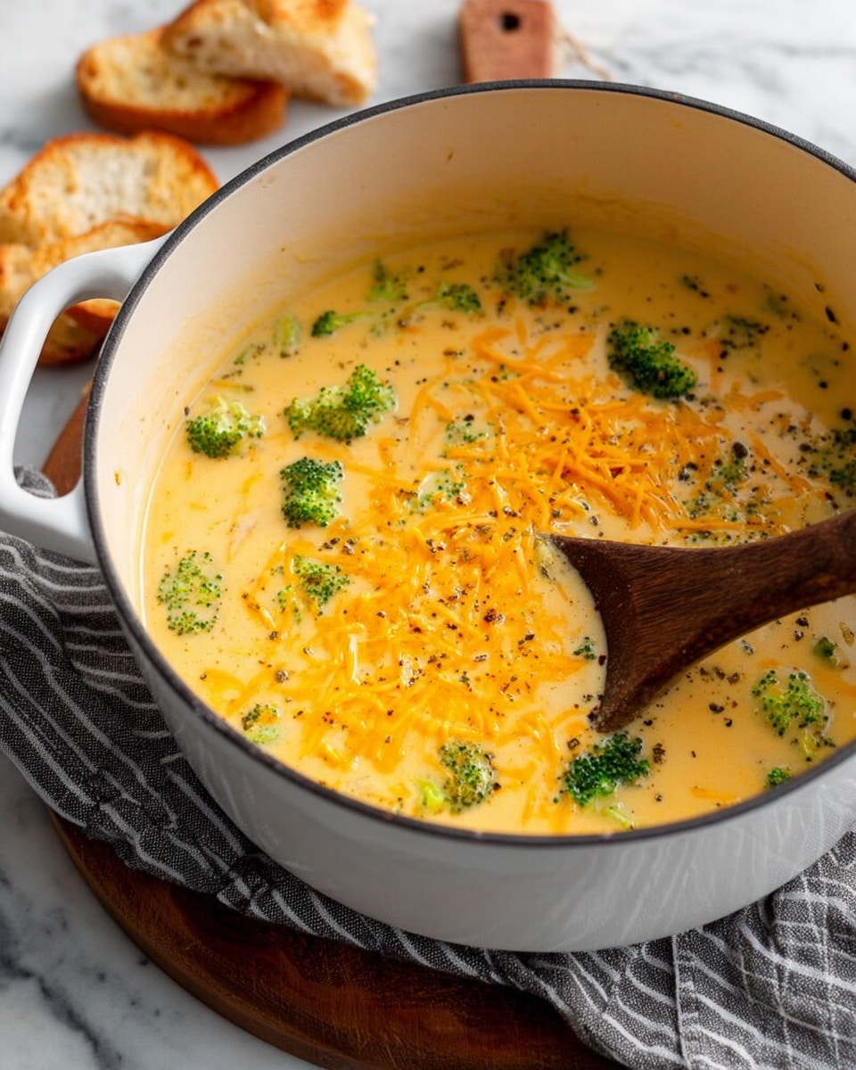 A close-up of a white speckled bowl filled with creamy broccoli cheese soup showing a smooth, light orange base with visible green broccoli pieces scattered throughout, topped with a generous pile of finely shredded bright orange cheddar cheese in the center; the bowl sits on a matching white plate with a few golden, round crackers beside it, accompanied by a silver spoon resting on the plate, all placed on a white marbled surface with a blurred second bowl of soup and some broccoli florets and bread in the background. photo taken with an iphone --ar 4:5 --v 7