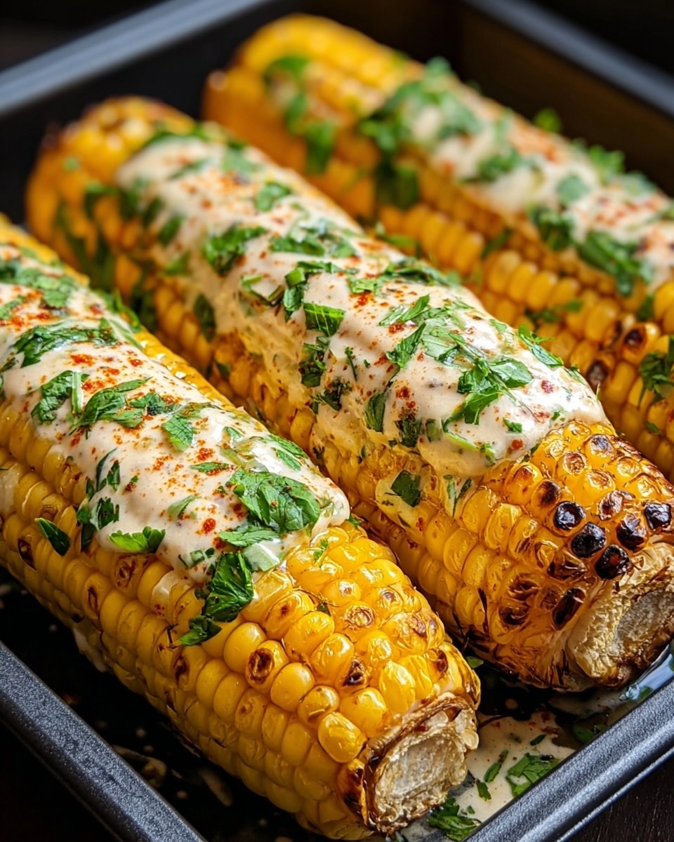 Three grilled corn on the cob ears rest side by side in a black tray, each ear showing bright yellow kernels with charred brown spots scattered unevenly for a roasted look. On top of each ear is a thick layer of creamy white sauce with hints of green from chopped herbs mixed in, and the sauce is sprinkled lightly with reddish seasoning. Small pieces of fresh, bright green herbs are scattered across the sauce and some kernels, adding a fresh note. The close-up angle captures the texture and juicy shine on the corn, with some drops of sauce and herbs in the tray below. Photo taken with an iphone --ar 4:5 --v 7