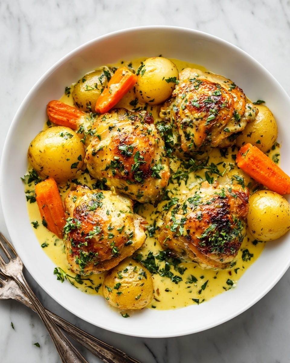 A white bowl filled with four pieces of browned chicken thighs with crispy skin, covered in a creamy yellow sauce sprinkled with fresh green herbs. Around the chicken, there are golden roasted potato chunks and bright orange baby carrots, all coated in the same sauce and herbs. The dish sits on a white marbled surface, and two silver forks are placed next to the bowl. photo taken with an iphone --ar 4:5 --v 7