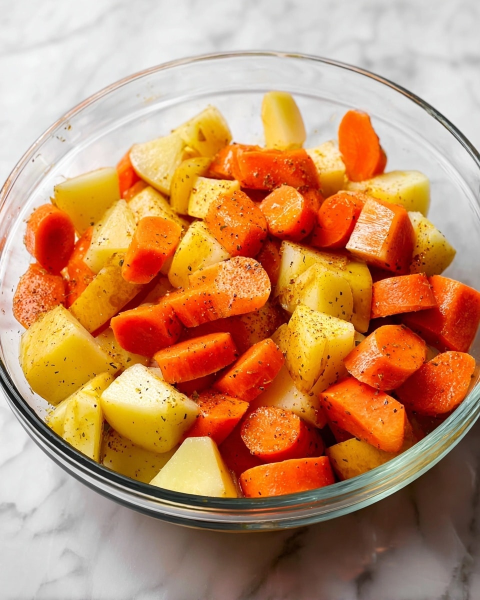 A clear glass bowl filled with two layers of cut vegetables: the bottom layer shows chunked light yellow potatoes with some specks of seasoning, above and mixed evenly are bright orange carrot pieces cut in thick rounds and chunks, also sprinkled with seasoning showing a slightly oily texture. The bowl sits on a white marbled textured surface, and the light in the image is bright and natural, highlighting the fresh colors of the vegetables. photo taken with an iphone --ar 4:5 --v 7