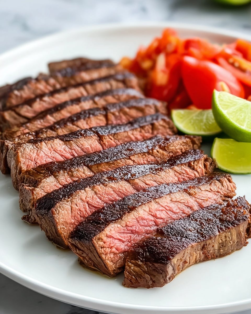 A white plate holds a sliced grilled steak with eight pieces showing a pink center and a dark brown, slightly charred crust on the outside. The steak is arranged in a neat row with the slices fanned out from left to right. Behind the steak, there are a few slices of bright red tomatoes and green lime wedges adding color contrast. The background is a soft white marbled texture. photo taken with an iphone --ar 4:5 --v 7