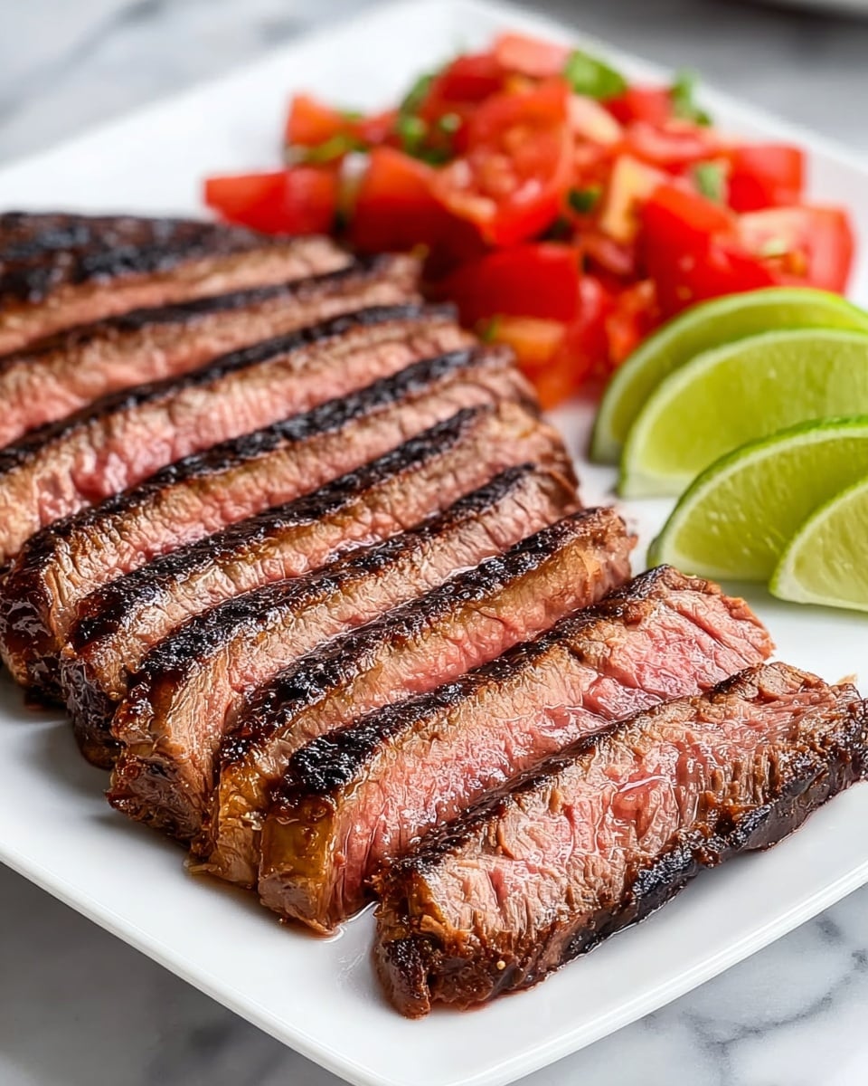 A white square plate holds a medium-rare grilled steak sliced into about nine pieces, each slice showing a pink center with a charred dark brown crust on the edges. Behind the steak, there is a small pile of bright red sliced tomatoes and several pale green lime wedges arranged on the right side. The plate sits on a surface with a white marbled texture. photo taken with an iphone --ar 4:5 --v 7