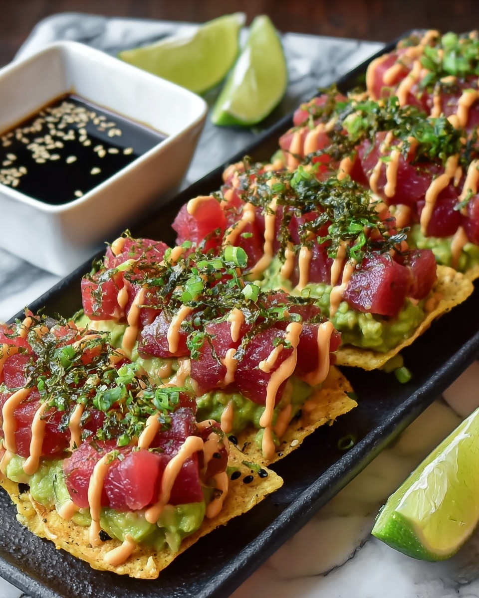 The dish shows a white plate filled with a single, thick layer of yellow crunchy tortilla chips spread out flat, each chip topped with bright red raw tuna cubes. On top of the tuna, there is a drizzle of light orange sauce that appears creamy, mixed with small pieces of chopped green onions evenly scattered across. Behind the plate, there are two lime slices and a small white bowl filled with dark soy sauce. The whole setting is placed on a white marbled textured surface. photo taken with an iphone --ar 4:5 --v 7