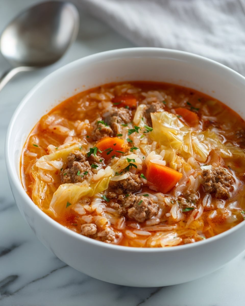 A large white pot filled with a thick stew made of several layers including chunks of cooked cabbage, small browned meat pieces, rice grains, and carrot slices, all mixed in a rich, orange-red tomato-based sauce. Small green parsley leaves are scattered on top, adding contrast to the warm colors of the dish. The pot is placed on a white marbled surface with a bunch of fresh parsley and a blue-striped cloth partially visible in the background. Photo taken with an iphone --ar 4:5 --v 7