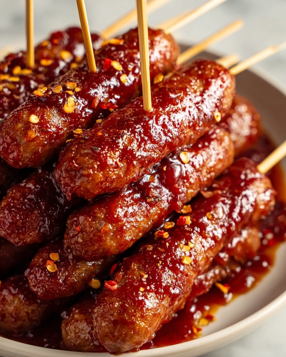 A close-up view of several thick sausage links stacked on a white plate, each sausage covered in a shiny, dark red barbecue sauce with a sticky texture. Small bits of red chili flakes are sprinkled evenly across the sauce, adding specks of orange and yellow. Three wooden skewers are inserted vertically through the sausages from the top, giving a sense that they can be held and eaten easily. The sausages have a slightly rough, browned surface beneath the sauce, showing a cooked, juicy texture. The plate sits on a white marbled surface. photo taken with an iphone --ar 4:5 --v 7