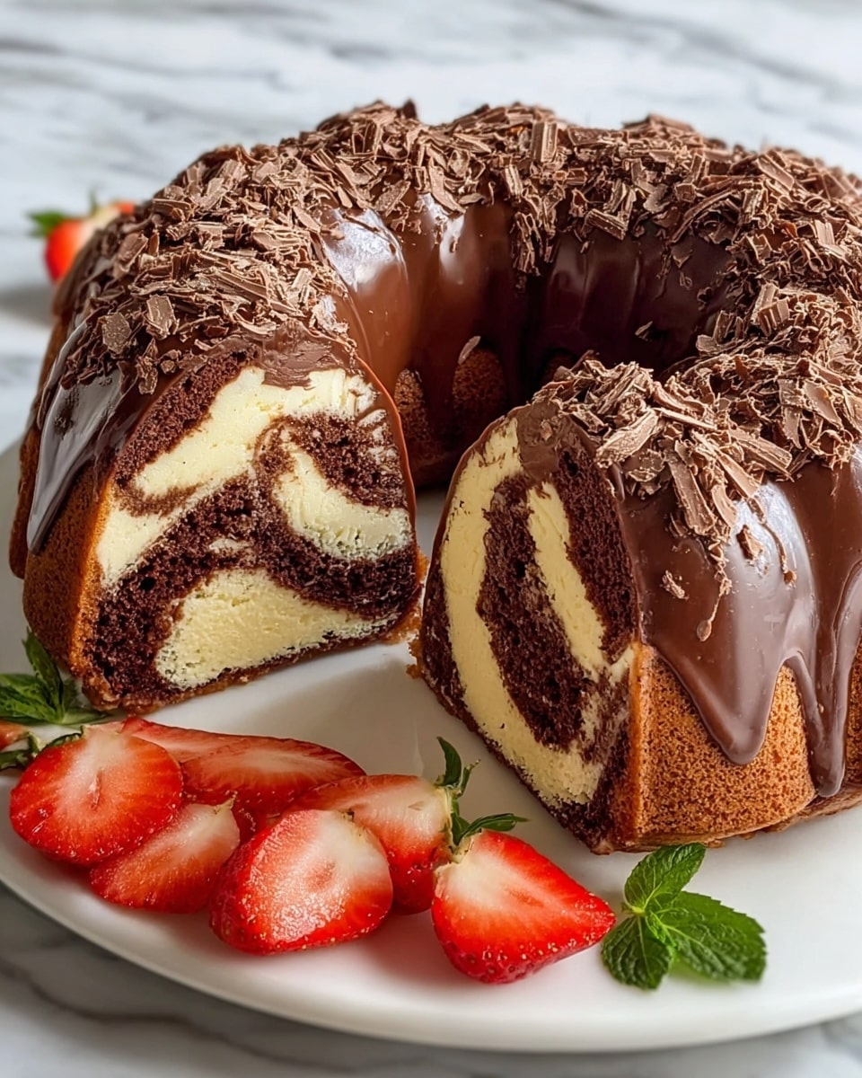 A chocolate bundt cake with a glossy, dark chocolate glaze covering the outside, topped with small chocolate curls that add texture and decoration. The cake is sliced open, showing four main layers inside: a dark brown chocolate cake layer on the outer edge, a creamy white layer next, then a thick, rich dark chocolate filling in the center, and another creamy white layer just inside the chocolate glaze. The cake is presented on a white plate set on a white marbled textured surface, with fresh sliced red strawberries and green leaves placed in front of the cake slice for color contrast. Photo taken with an iphone --ar 4:5 --v 7