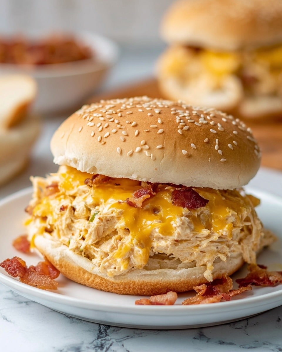 A close-up view of a sandwich on a white plate showing three visible layers: at the bottom, a soft, light brown sandwich bun; in the middle, a thick, creamy mix of shredded chicken with melted bright yellow cheddar cheese and small pieces of crispy bacon scattered throughout; and on top, a sesame seed-topped sandwich bun that is soft and light brown in color. The sandwich is slightly messy with some bacon pieces around it, set against a white marbled textured surface with a blurred background hinting at another sandwich. photo taken with an iphone --ar 4:5 --v 7