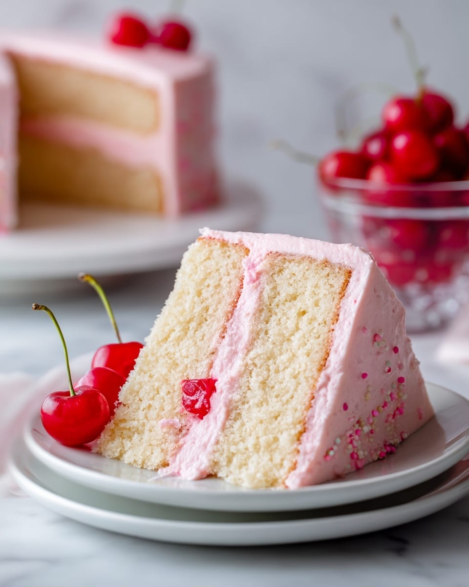 The image shows a slice of two-layer white cake with light pink frosting between and around the layers. The cake is soft and spongy with a smooth, creamy pink frosting that has tiny red specks and one small piece of red cherry inside the frosting in the middle. The slice sits on a simple white plate, placed on a white marbled surface. In the background, there is another similar slice on another white plate and a clear glass bowl filled with bright red cherries, adding a pop of color. photo taken with an iphone --ar 4:5 --v 7
