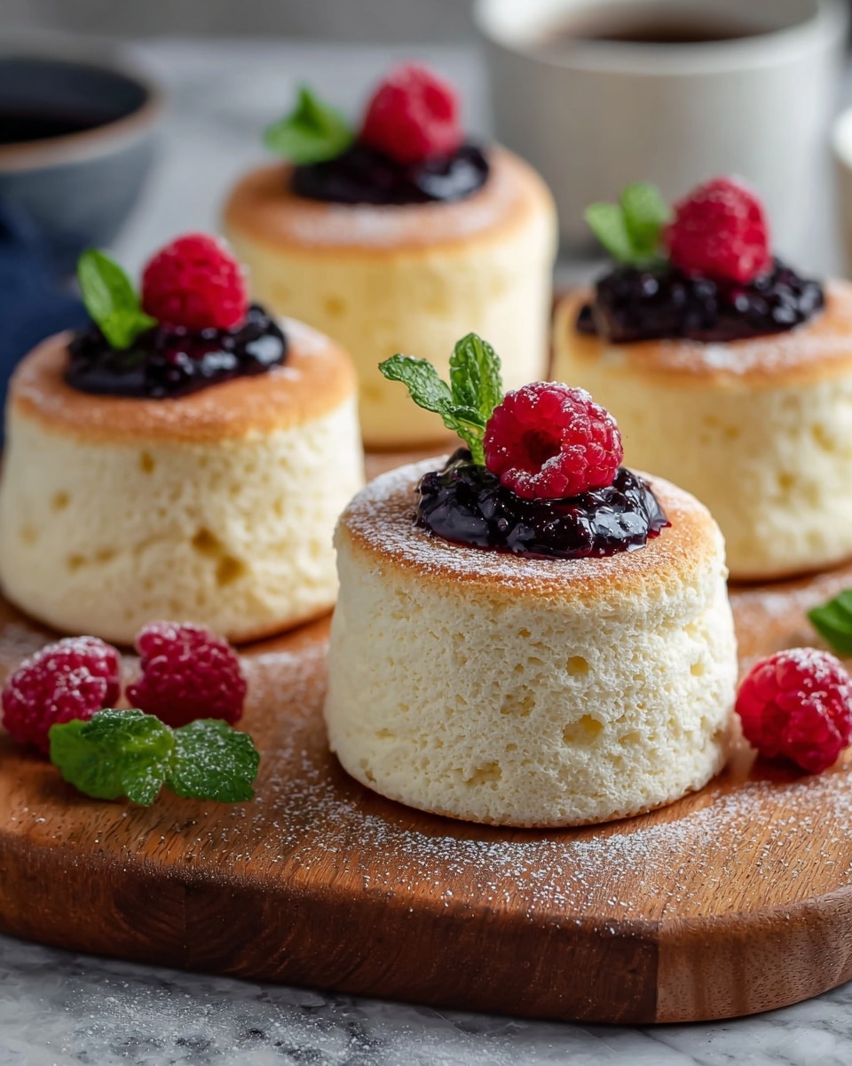 Four soft, fluffy, light yellow soufflé cakes stand on a wooden board with a slightly textured surface. Each cake has a smooth, golden-brown top layer, and a thick, spongy white base with tiny holes. On the top center of three cakes sits a dark glossy layer of blueberry jam, topped with a bright red raspberry and two fresh green mint leaves. The fourth cake lacks toppings. Around the cakes on the board, there are scattered red raspberries dusted lightly with white powdered sugar, along with small fresh green mint leaves. The background is blurred but shows cups on a white marbled texture surface. photo taken with an iphone --ar 4:5 --v 7