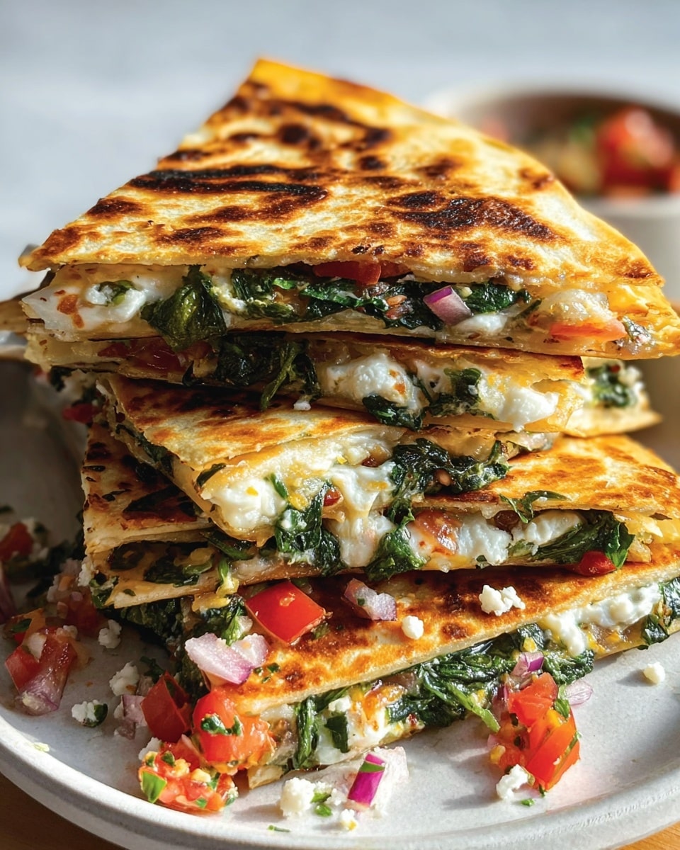 A stack of golden brown quesadilla wedges sits on a white plate over a white marbled surface, each wedge showing three layers: a crispy, toasted outer tortilla with dark brown spots, a middle layer filled with bright green cooked spinach, and a bottom layer with white melted cheese mixed with small pieces of diced red onions and red tomatoes, some cheese crumbles are scattered on top and around the quesadilla pieces. The wedges are slightly overlapping and the texture of the melted cheese and cooked vegetables is clearly visible. photo taken with an iphone --ar 4:5 --v 7