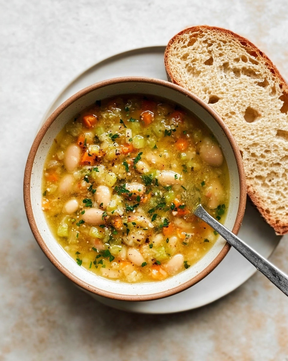 A round bowl filled with thick soup showing three main layers: the light yellow broth base with visible small grains, a mix of white beans and small vegetable pieces like orange carrots and green celery spread evenly, and topped with chopped green herbs sprinkled over everything. A silver spoon rests inside the bowl touching the soup, angled upward from the right side. Next to the bowl, there is a slice of light brown crust bread with air holes on a white plate placed on a white marbled surface. photo taken with an iphone --ar 4:5 --v 7
