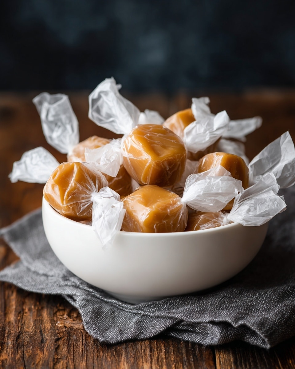 A white bowl filled with several soft caramel candies, each wrapped loosely in translucent white wax paper with twisted ends, sitting on a dark wooden surface partially covered by a gray cloth. The caramels are square-shaped with a smooth, shiny, light brown color, stacked in layers inside the bowl, creating a cozy, homemade feel. The background shows a soft, blurred dark gray texture, and the whole scene is softly lit to highlight the smoothness and softness of the caramel candies. photo taken with an iphone --ar 4:5 --v 7