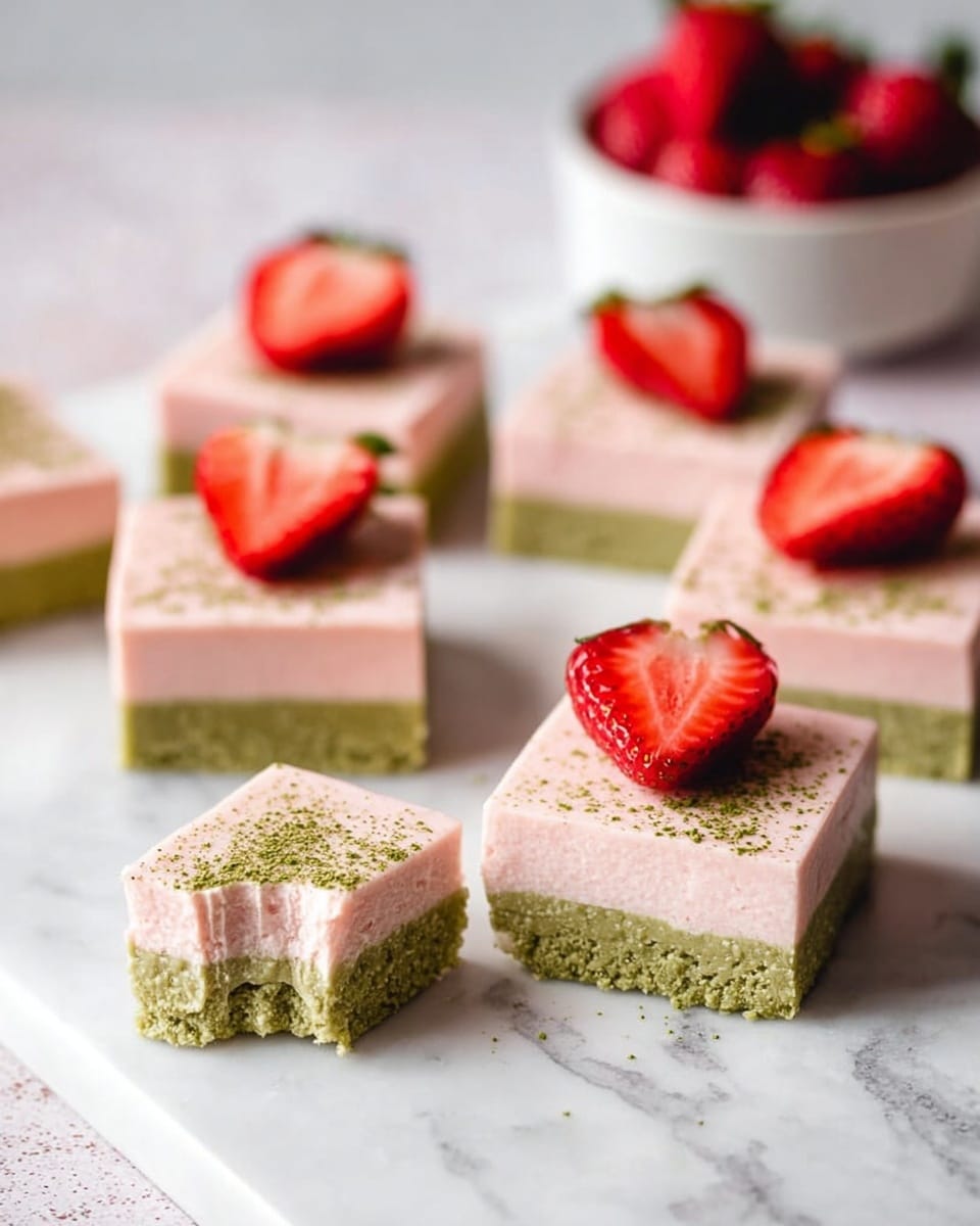 The image shows a stack of four square layered bars on a white marbled surface, each bar having two layers: a bottom green layer with a rough texture and a smooth, light pink top layer. One bar is placed separately in front with a sliced red strawberry on top and a light sprinkle of green powder. Next to the bars is a clear glass filled with a pale green drink and ice cubes, all set against a soft white marbled background. Photo taken with an iphone --ar 4:5 --v 7