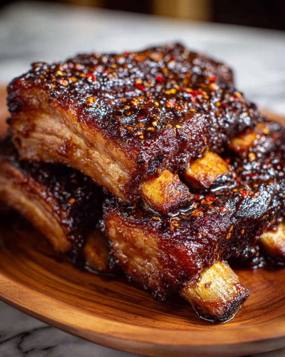 A close-up image shows three thick pieces of glazed ribs stacked side by side on a wooden plate. Each rib has a dark, caramelized crust with a shiny, sticky texture and red pepper flakes visible on the surface. The ribs have a rich brown color with a tender, juicy inside visible near the bone, which is light beige with a slightly charred edge. The plate rests on a white marbled surface. photo taken with an iphone --ar 4:5 --v 7