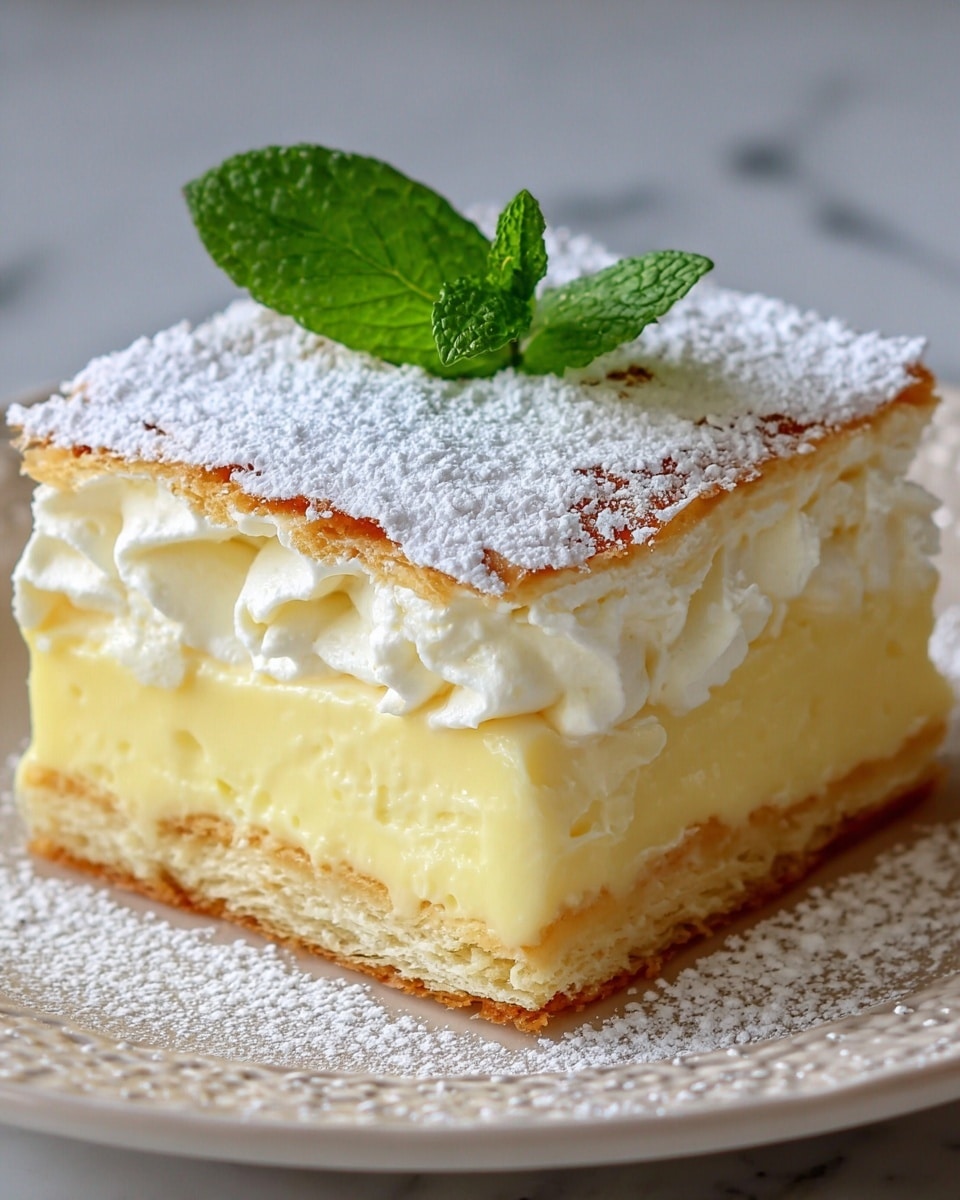 The image shows a square slice of a layered dessert on a white plate with a delicate texture. The bottom layer is a light golden-brown crust, followed by a thick, smooth, pale yellow custard layer. Above this is a fluffy, airy cream layer with slight folds and a soft texture. The top layer is a thin, light golden cake dusted generously with powdered sugar. A fresh green mint leaf sits on top as decoration. The white plate rests on a white marbled surface. Photo taken with an iphone --ar 4:5 --v 7