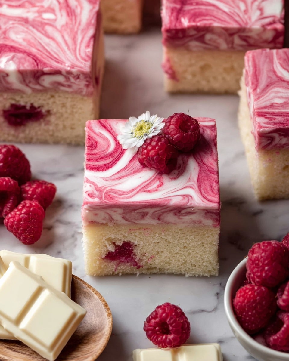 This image shows square cake pieces with a thick top layer of pink and white swirled frosting, creating a smooth and creamy texture with marbled patterns. The cake layers underneath are light beige and fluffy, with visible red raspberries peeking through the middle of one piece. One piece is adorned with a small white flower and a fresh raspberry on top. Around the cakes, there are white rectangular chocolate pieces and fresh raspberries placed on a white marbled surface, with a white bowl nearby holding more raspberries and white chocolates. Photo taken with an iphone --ar 4:5 --v 7
