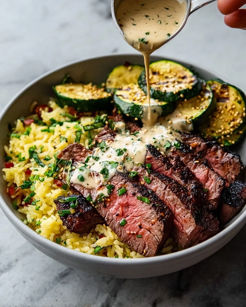 A white bowl filled with three main layers: at the bottom, a bed of yellow seasoned rice mixed with small bits of red and green vegetables; on the left side, thick slices of grilled steak with a dark charred crust and tender pink center, topped with small mustard seeds; on the right side, grilled zucchini rounds with golden brown grill marks and chopped green herbs scattered on top. A spoon held by a woman's hand is pouring a creamy light beige sauce with green herbs over the steak and rice. The bowl is placed on a white marbled surface. photo taken with an iphone --ar 4:5 --v 7