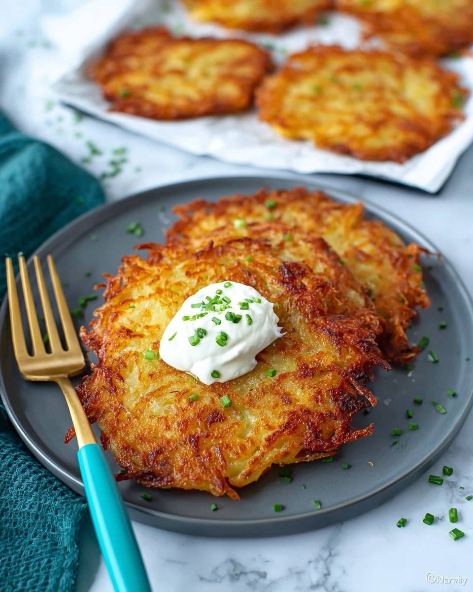 The image shows three golden-brown crispy potato pancakes stacked slightly overlapping on a round white plate. On the top pancake, there is a dollop of white sour cream sprinkled with small green chive pieces. The pancakes have a crunchy texture with rough edges and visible strands of grated potato. A turquoise-handled gold fork rests on the plate, partially touching the pancakes. In the background, there is a white tray with more potato pancakes on white parchment paper, all set against a white marbled surface with a few scattered chive pieces around. photo taken with an iphone --ar 4:5 --v 7