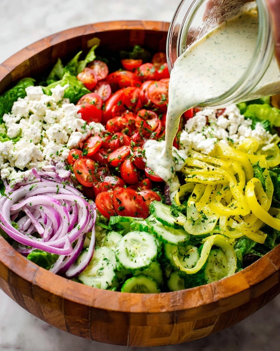 A large wooden bowl filled with a fresh salad layered in sections: the base is bright green romaine lettuce leaves, topped with shiny red halved cherry tomatoes sprinkled with chopped green herbs, next to pale yellow sliced pepperoncini, then white crumbly feta cheese mixed with round green cucumber slices, and thin rings of purple-red onion. A woman's hand is pouring creamy white dressing from a clear glass jar over the center. The bowl sits on a white marbled surface. photo taken with an iphone --ar 4:5 --v 7