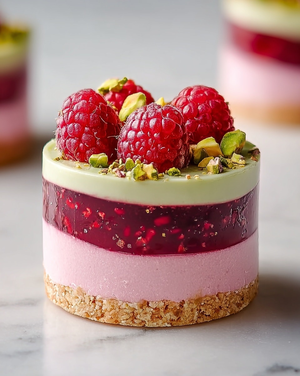 The image shows a small, round dessert with four visible layers, placed on a white marbled surface. The bottom layer is a crumbly, tan-colored crust. Above it, there is a thick, dark red jelly or fruit layer with visible seeds or small fruit pieces. The third layer is a smooth, pink creamy layer, and the topmost layer is a pale green creamy layer with a slightly speckled texture. On the very top, there are whole fresh raspberries and small pieces of green pistachio nuts scattered around them. The dessert has a clean, neat shape with sharp edges. Photo taken with an iphone --ar 4:5 --v 7