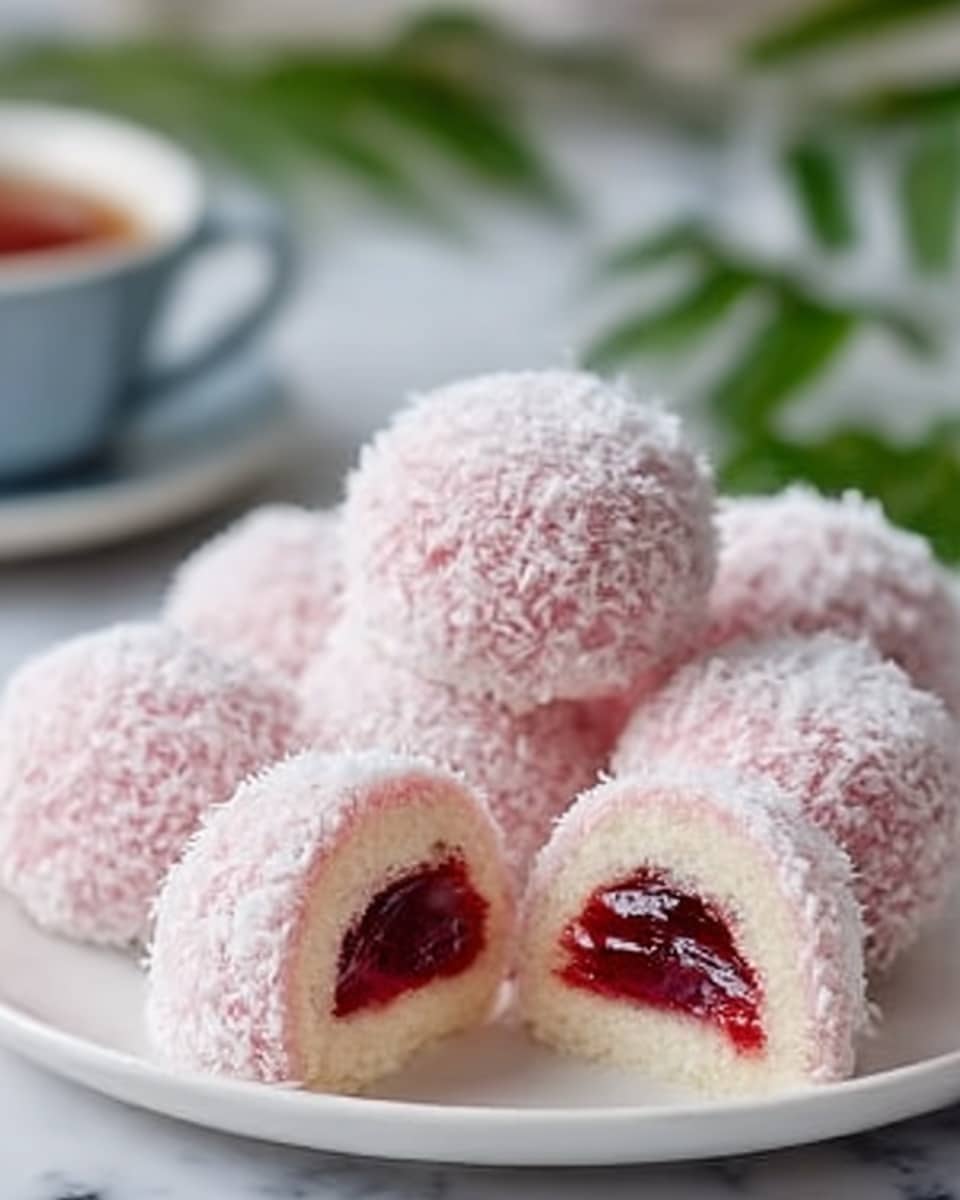 A white plate holds several small round pink treats covered in shredded coconut. Each treat has two soft, smooth pink outer layers with a thick dark red jelly layer in the middle. One treat is cut in half in front, showing the jelly filling inside surrounded by light fluffy cake and covered with the pink coconut outside. The background is a white marbled surface with a blurred cup and some green leaves in soft focus. Photo taken with an iphone --ar 4:5 --v 7