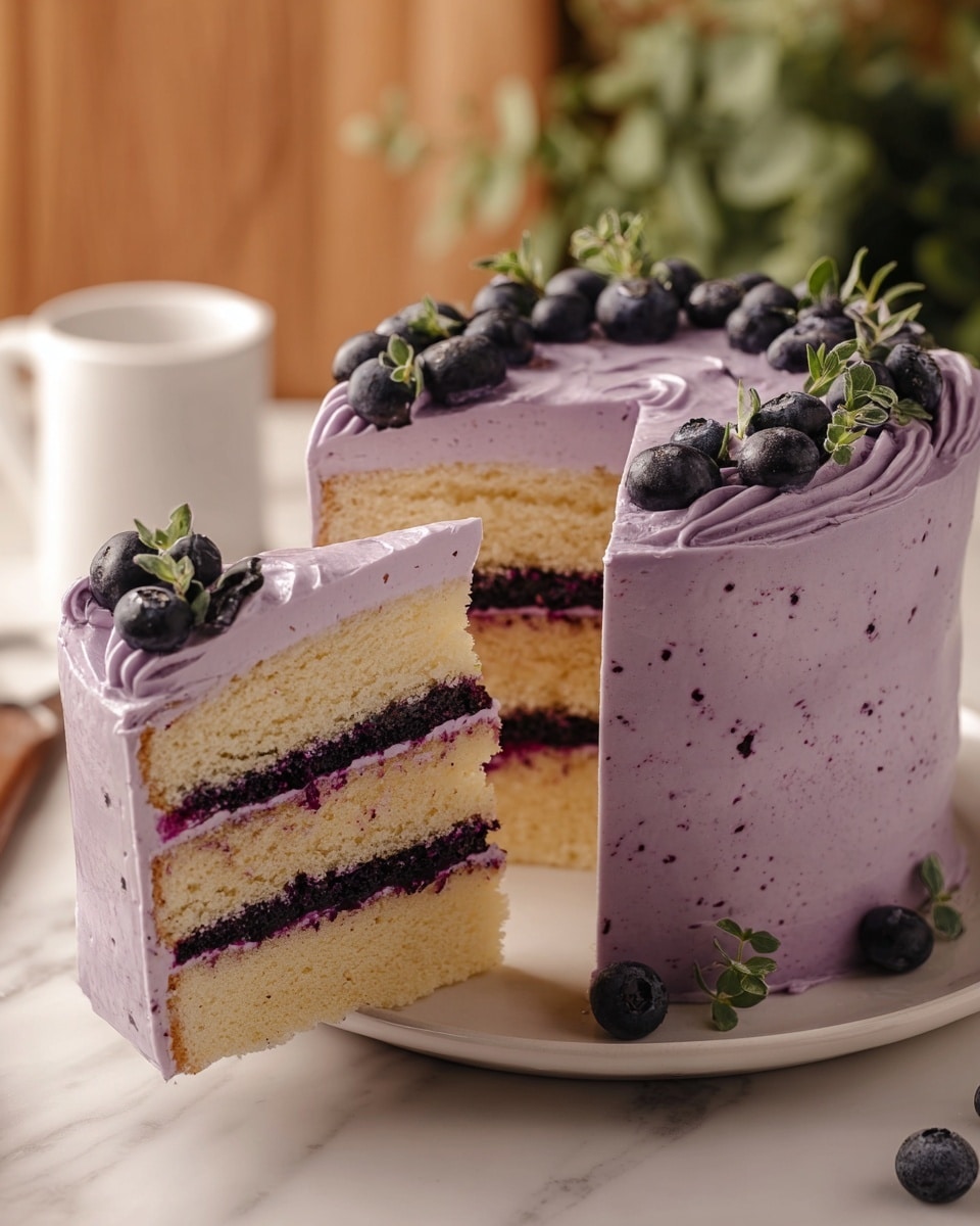 A tall round cake with three layers of soft yellow sponge separated by two thick layers of dark purple blueberry filling, all covered in a smooth, light purple frosting with small berry bits visible inside. The frosting wraps around the entire cake with a swirled pattern on top. The top is decorated with whole dark blueberries and small green herb sprigs. A slice is lifted, showing the neat layers clearly. The cake sits on a simple white plate against a white marbled surface, with soft greenery and warm wooden tones blurred in the background. Photo taken with an iphone --ar 4:5 --v 7