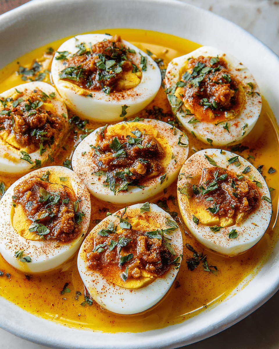 A white round plate holds seven halved boiled eggs arranged close together, each with a smooth white egg white outer layer and a bright yellow yolk center. Each yolk is topped with a chunky reddish-brown sauce that has visible pieces of herbs and spices, sprinkled further with finely chopped green herbs and a light dusting of red chili powder. The plate is filled with a golden oily sauce that spreads under and around the eggs, creating a shiny, textured surface. The background is a white marbled texture, adding brightness to the image. photo taken with an iphone --ar 4:5 --v 7