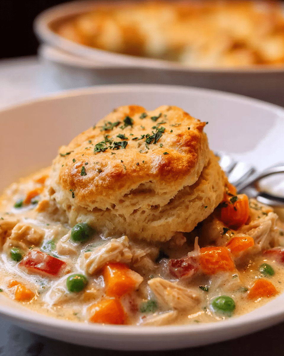 A fluffy golden brown biscuit sits on top of a creamy mixture of shredded chicken and colorful diced vegetables including orange carrots, green peas, and red bell peppers, all coated in a thick light sauce. The biscuit appears soft with a slightly crispy top sprinkled with small green herbs. The dish is served in a white bowl on a white marbled surface, with a blurred background showing a baked dish. The textures of the biscuit and creamy chicken mix contrast nicely, creating a cozy and hearty meal. Photo taken with an iphone --ar 4:5 --v 7