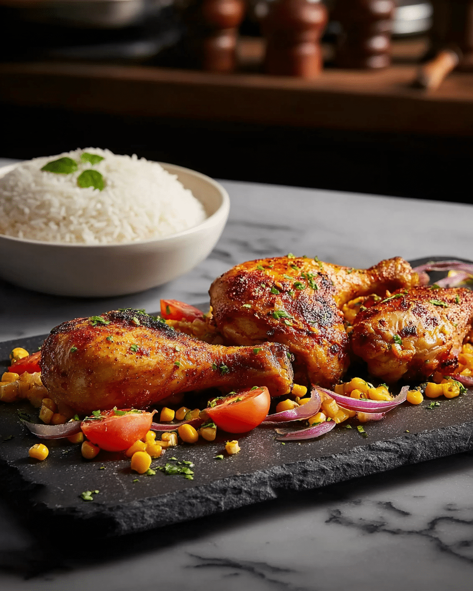 A dark gray rectangular stone plate holds three golden brown roasted chicken legs, placed close to each other with a slightly crispy skin texture. Around the chicken legs are small yellow corn kernels, halved cherry tomatoes, and slices of red onion, all sprinkled with chopped green herbs. To the left, a white bowl holds a mound of fluffy white rice with a few green herb leaves on top. The background features a dark surface with a white marbled texture barely visible underneath and blurred kitchen elements behind. photo taken with an iphone --ar 4:5 --v 7