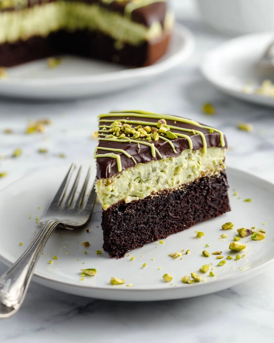 A slice of dessert with three layers sits on a white plate on a white marbled surface. The bottom layer is dark brown, moist and dense like chocolate cake. The middle layer is thick, creamy, and light green with small bits giving it a textured look. The top layer is smooth dark chocolate ganache with thin light green lines drizzled across it, decorated with small chopped green nuts scattered on top and around the plate. A silver fork rests on the left side of the plate near the slice. In the background, part of another white plate with more dessert is blurry. Photo taken with an iphone --ar 4:5 --v 7