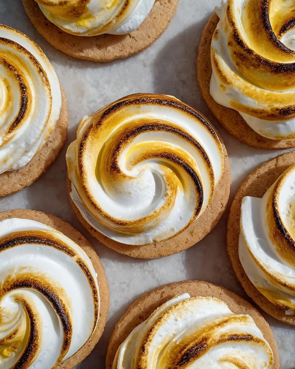 The image shows several round cookies with three visible layers: the bottom layer is a smooth, light brown cookie base with a slightly rough texture; the middle layer is a swirl of white and pale yellow soft cream, giving a fluffy and airy appearance; the top layer is a torched meringue swirl with golden and dark brown spots, adding a toasted effect. The cookies are placed close together on a surface with a white marbled texture. photo taken with an iphone --ar 4:5 --v 7