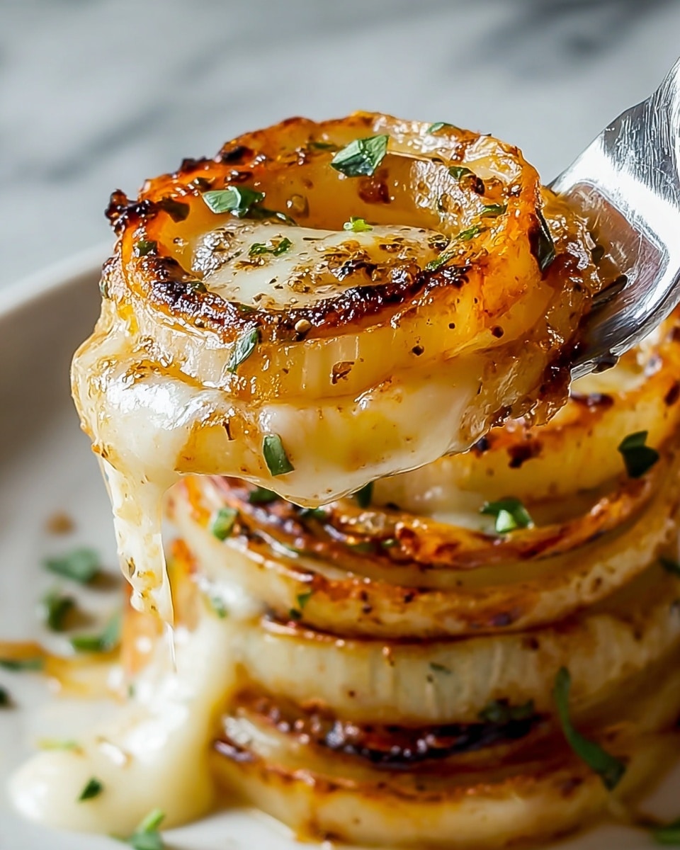 The image shows a close-up of a stack of grilled onion rings, about four thick layers, each layer golden brown with slight charring and juicy textures. Melted, gooey cheese is oozing down the sides between the layers, adding a creamy white contrast. Small green herb pieces and cracked black pepper are sprinkled on top and throughout the stack, adding color and texture. A shiny silver fork is lifting the stack from a white plate, with a white marbled texture background visible behind. The onion rings have a shiny, slightly oily finish with crispy edges. photo taken with an iphone --ar 4:5 --v 7