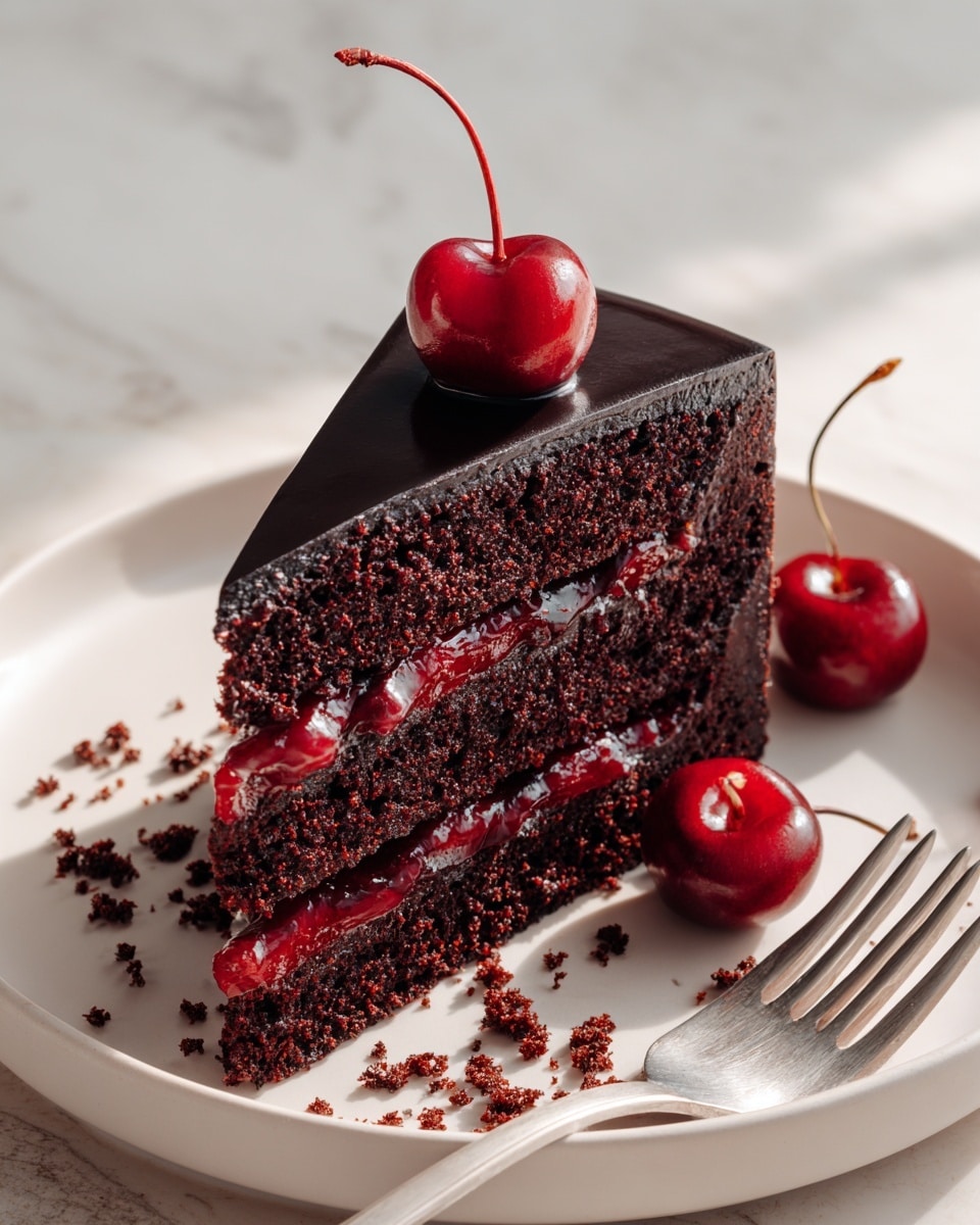 A slice of three-layer dark chocolate cake sits on a white plate, each layer separated by glossy dark red cherry filling. The top is covered with a smooth, shiny chocolate glaze, and a bright red cherry with a stem rests on top. Chocolate crumbs and two whole cherries lie beside the slice. A silver fork is placed on the right side of the plate. The scene has soft natural light and a white marbled surface under the plate. photo taken with an iphone --ar 4:5 --v 7