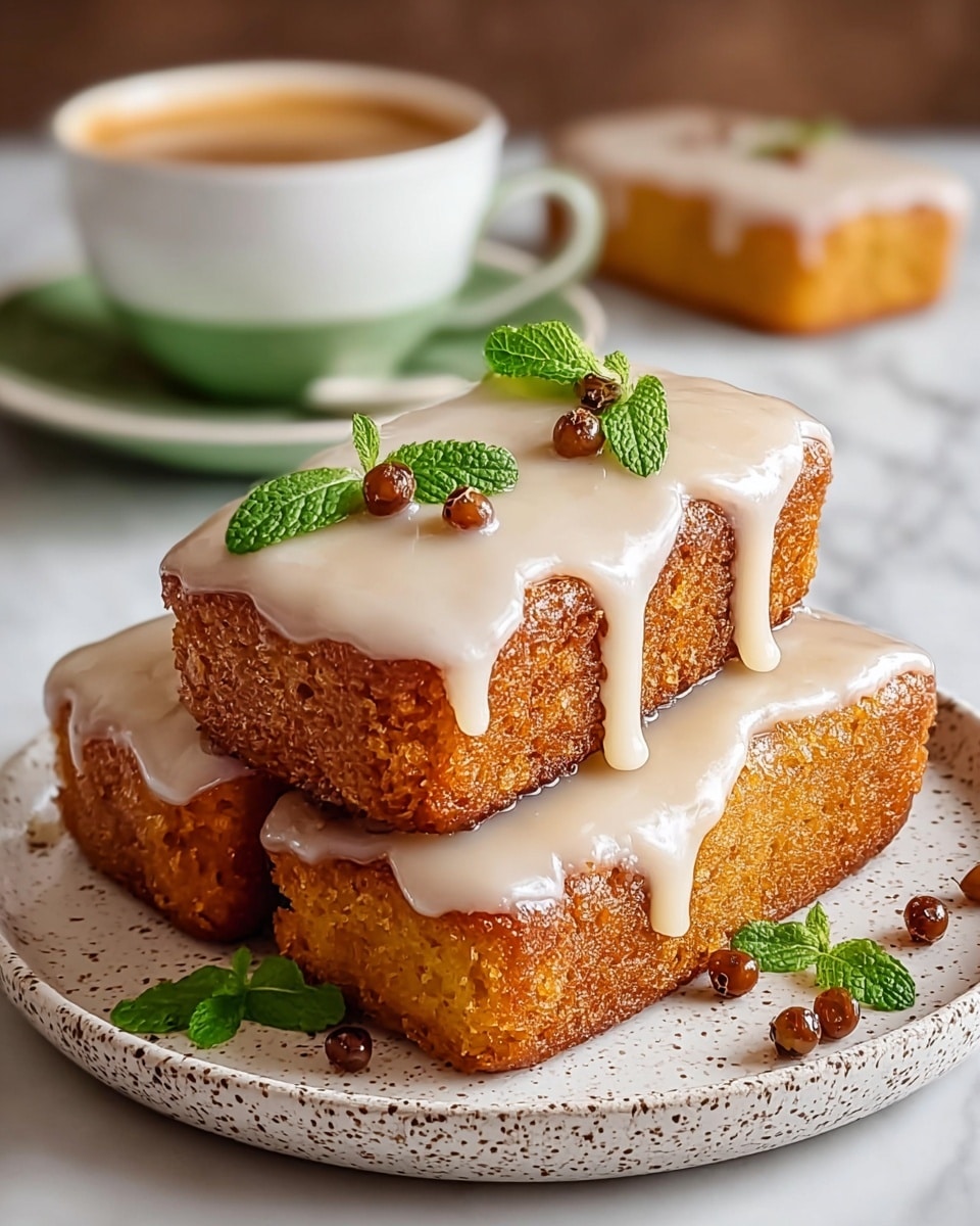 Three golden brown rectangular cakes are stacked on a white plate with a speckled pattern, each topped with thick, creamy white icing that drips down the sides. Small brown berries and bright green mint leaves are scattered on the icing, adding color contrast. In the blurred background, there is a white cup with green around the rim and handle filled with coffee, placed on a matching saucer. The surface beneath is a white marbled texture. photo taken with an iphone --ar 4:5 --v 7