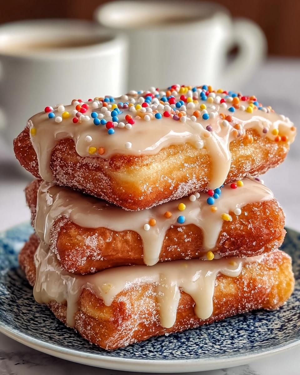 A stack of three rectangular fried dough pieces, each golden brown with a crispy, sugared texture, layered one on top of the other. Each dough piece is generously covered with a thick, creamy beige glaze that drips down the sides. The top layer is decorated with small, colorful round sprinkles in red, white, blue, yellow, and orange, adding a playful touch. The stack sits on a white plate with a blue speckled pattern, placed on a white marbled surface. In the blurred background, two white coffee cups are visible. Photo taken with an iphone --ar 4:5 --v 7