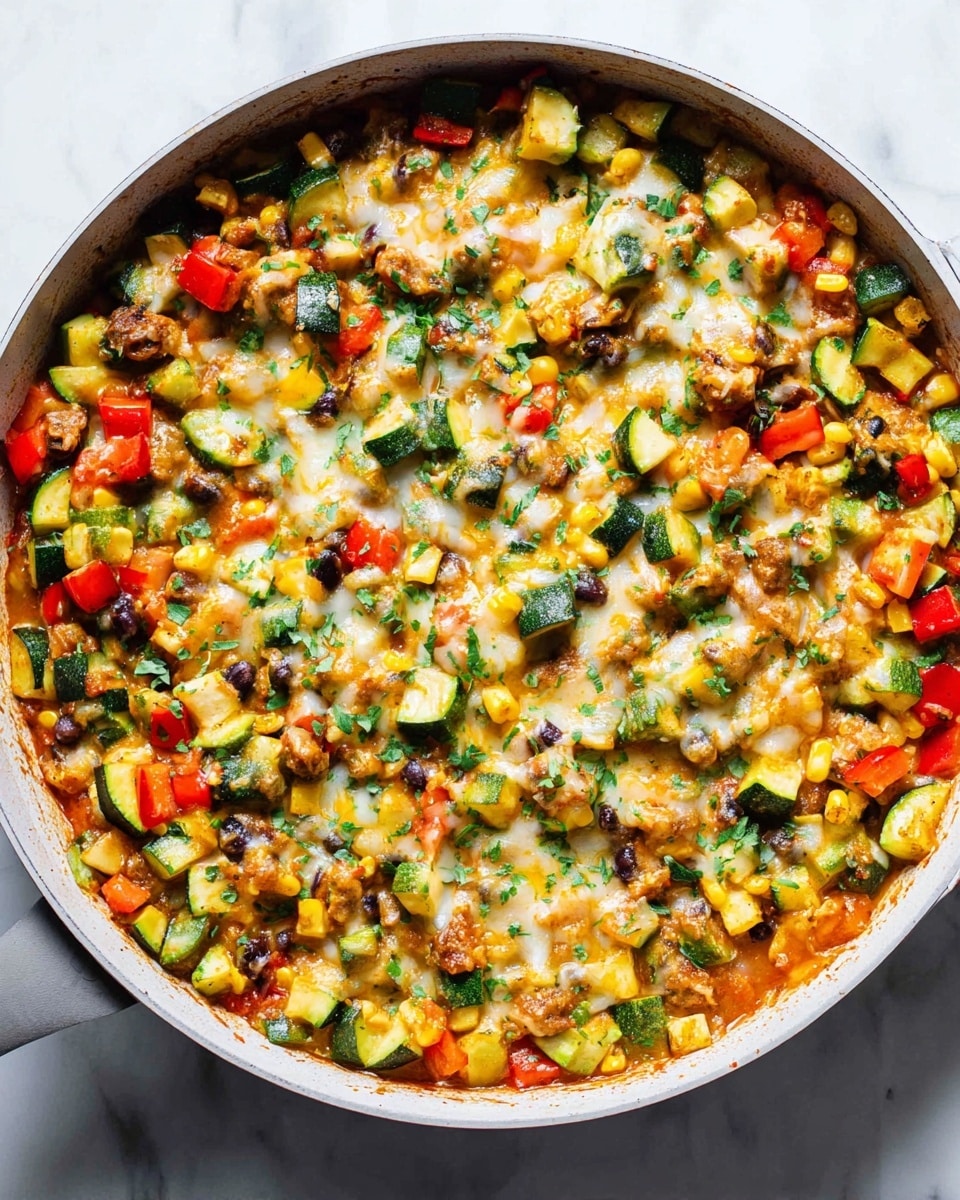 A large white pan filled with a colorful baked dish that has three main layers: the bottom layer is a mix of sautéed diced green zucchini, red bell peppers, yellow corn, and black beans with a slightly saucy orange base, the middle layer is melted, gooey cheese that blends white and yellow colors, and the top layer is sprinkled with fresh chopped green herbs adding a touch of brightness. The vegetables are cut into small chunks and spread evenly, creating a textured, vibrant look with a mix of soft and slightly crisp parts. The pan is set against a white marbled surface. photo taken with an iphone --ar 4:5 --v 7