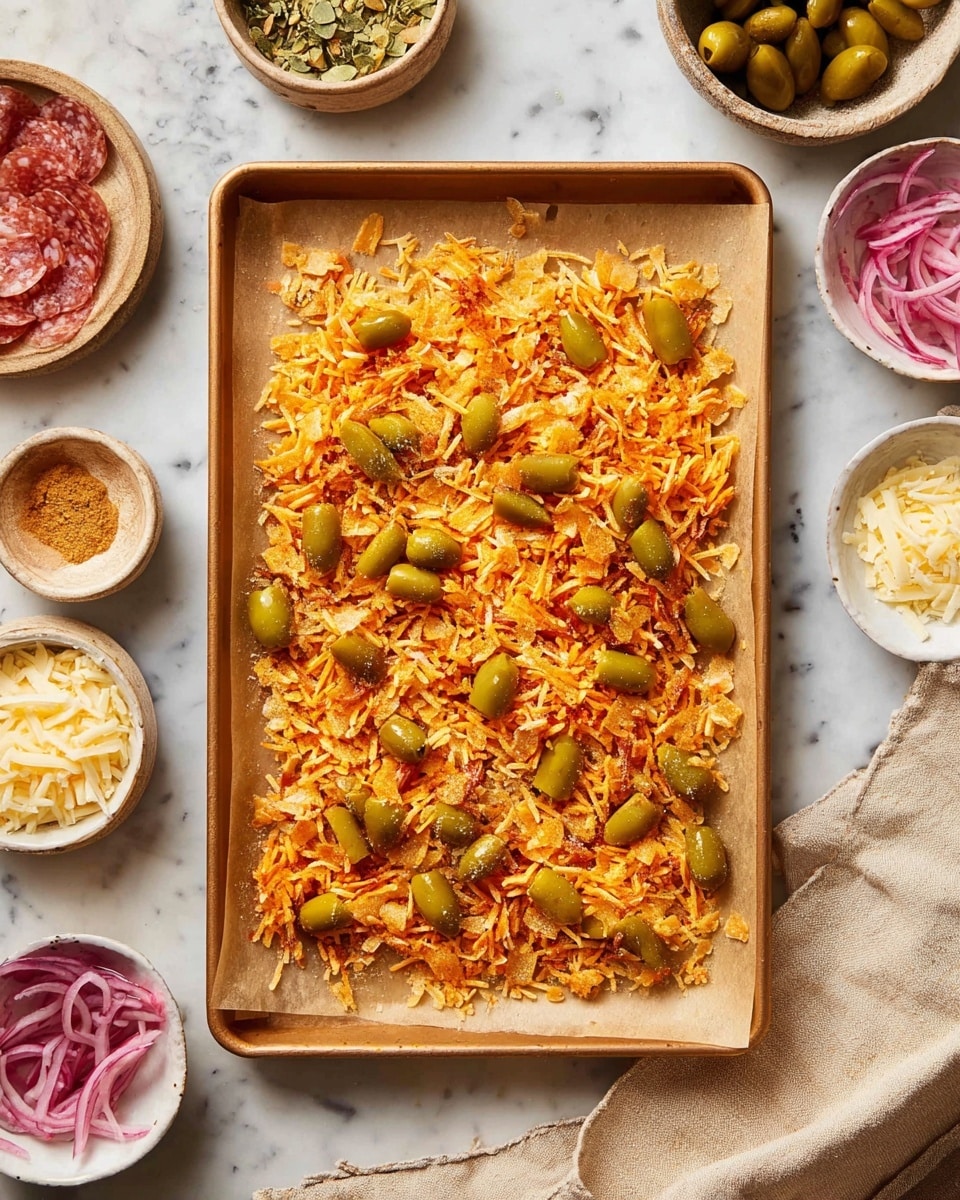 A white plate holds a sandwich made of three main layers with visible textures and colors: the bottom layer is green leafy lettuce with a fresh, crisp look; the middle layer features folded pale pink slices of prosciutto and some bright pink pickled onions adding a shiny, slightly translucent texture; the top layer is a crispy cheese flatbread golden-brown with scattered green olive pieces baked into its surface. The plate rests on a white marbled surface with small bowls of red sauce and green olives nearby. photo taken with an iphone --ar 4:5 --v 7