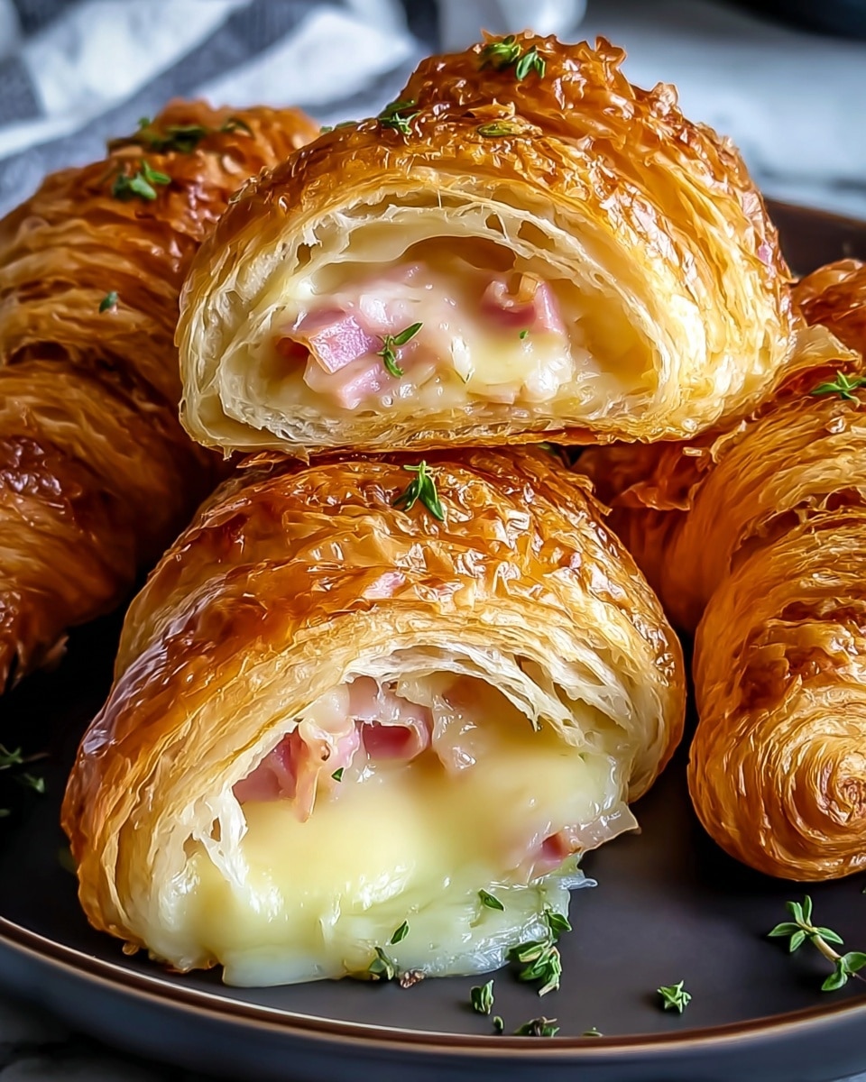 The image shows golden-brown croissants with shiny, flaky crusts and visible layers. One croissant is cut open in the front, revealing creamy, melted pale yellow cheese and small pieces of pink ham inside. Small green herb leaves are sprinkled on top of the croissants and on the surface around them. They are placed on a white plate with a dark color, set against a white marbled textured background. photo taken with an iphone --ar 4:5 --v 7