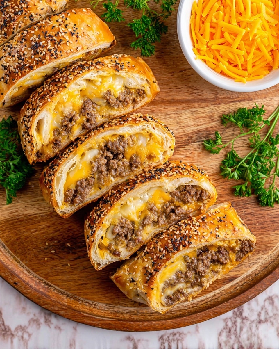 Six slices of a stuffed bread are arranged on a round wooden board. Each slice shows layers of golden brown crust with sesame and black seeds on top, a middle layer of melted bright yellow cheese mixed with browned ground beef, and a soft, light inside dough. The bread looks crispy outside and soft inside. To the top right, there is a white bowl filled with shredded orange cheese, and sprigs of fresh green herbs are placed on the white marbled surface near the board. The overall setup is warm and inviting. photo taken with an iphone --ar 4:5 --v 7