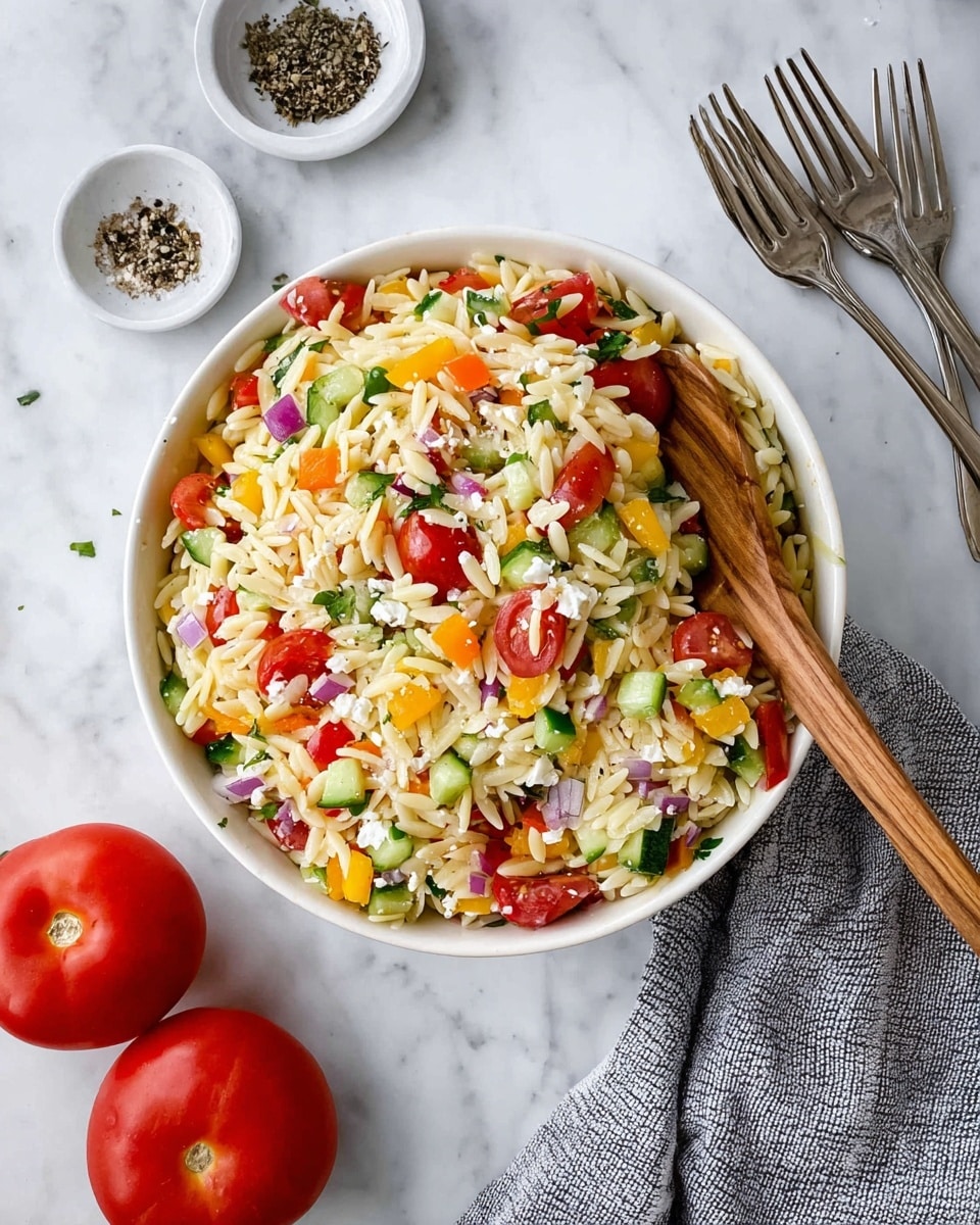 A white bowl filled with a colorful orzo pasta salad sits on a white marbled surface. The salad has several layers of small, pale yellow orzo pasta mixed with chopped bright red cherry tomatoes, diced green cucumbers, orange and yellow bell peppers, and small pieces of purple onion. White crumbled feta cheese is sprinkled throughout the salad, adding a creamy texture. A wooden spoon is placed inside the bowl on the right side, ready for serving. Nearby on the surface are two whole red tomatoes, a small white bowl filled with black pepper, three silver forks, and a gray and white striped cloth. The photo taken with an iphone --ar 4:5 --v 7