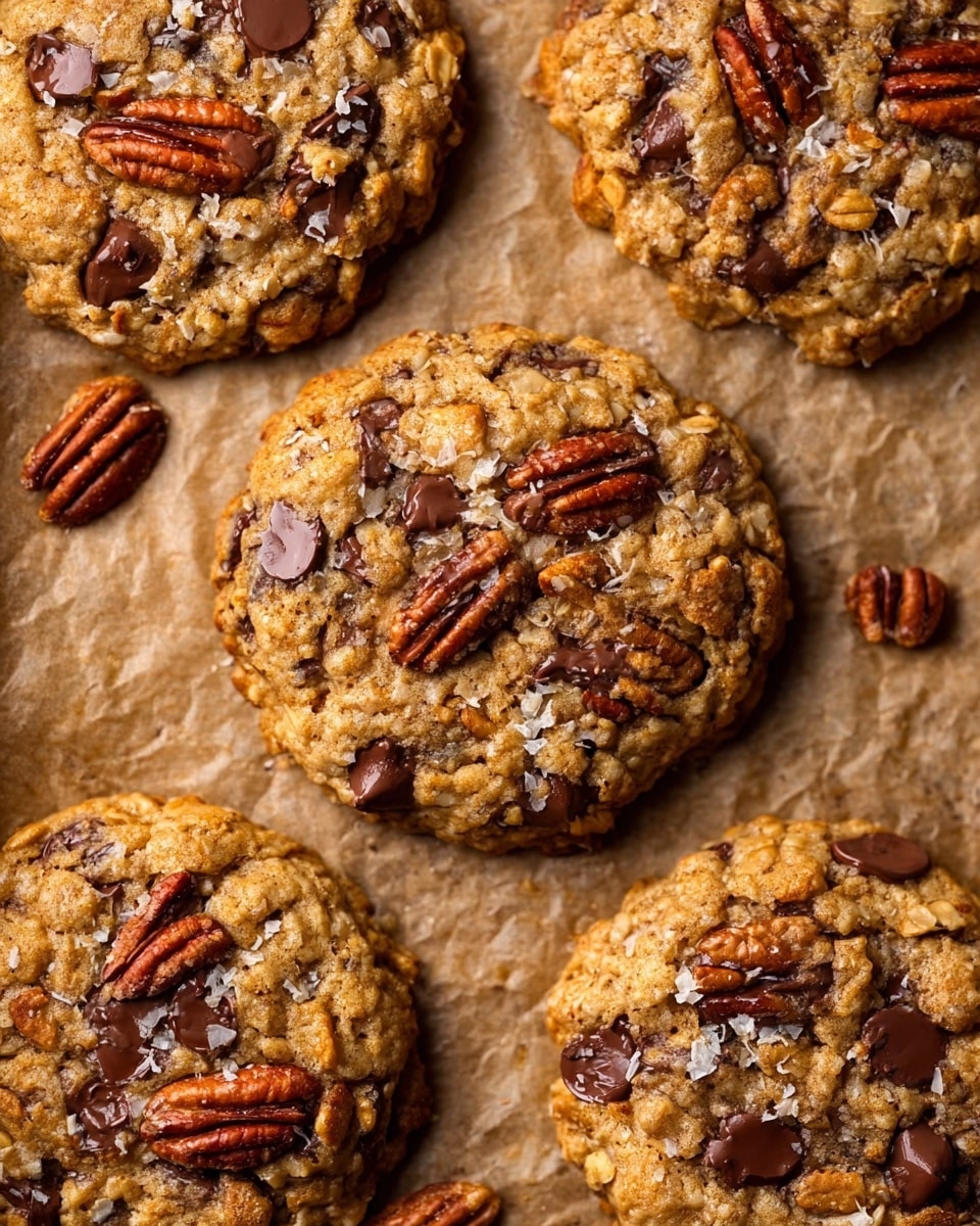 The image shows a close-up of five large oatmeal cookies with chocolate chips and pecans on a crinkled brown parchment paper set on a baking tray. Each cookie is thick with a rough texture, golden brown in color, and studded with glossy, dark chocolate chips and whole or halved roasted pecans scattered on top, some coconut flakes lightly sprinkled over them. The cookies' surface is slightly cracked, showing bits of oats and nuts throughout. The overall feel is warm and homemade, with a rustic and appetizing look. photo taken with an iphone --ar 4:5 --v 7